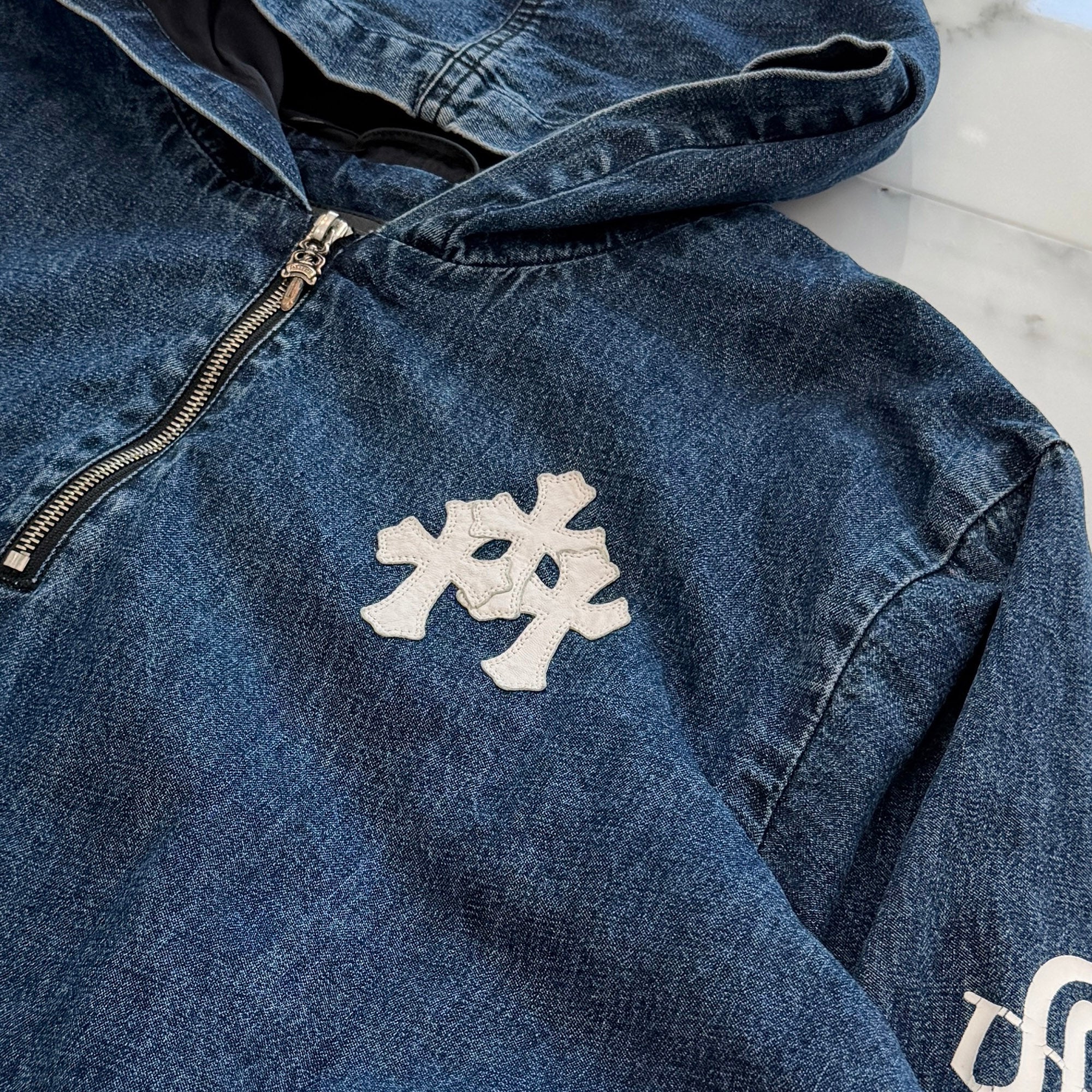 CHROME HEARTS 2024AW Leather Cemetery Triple Cross Denim Anorak Jacket Size M クロムハーツ レザーセメタリートリプルクロス デニム アノラック ジャケット サイズM