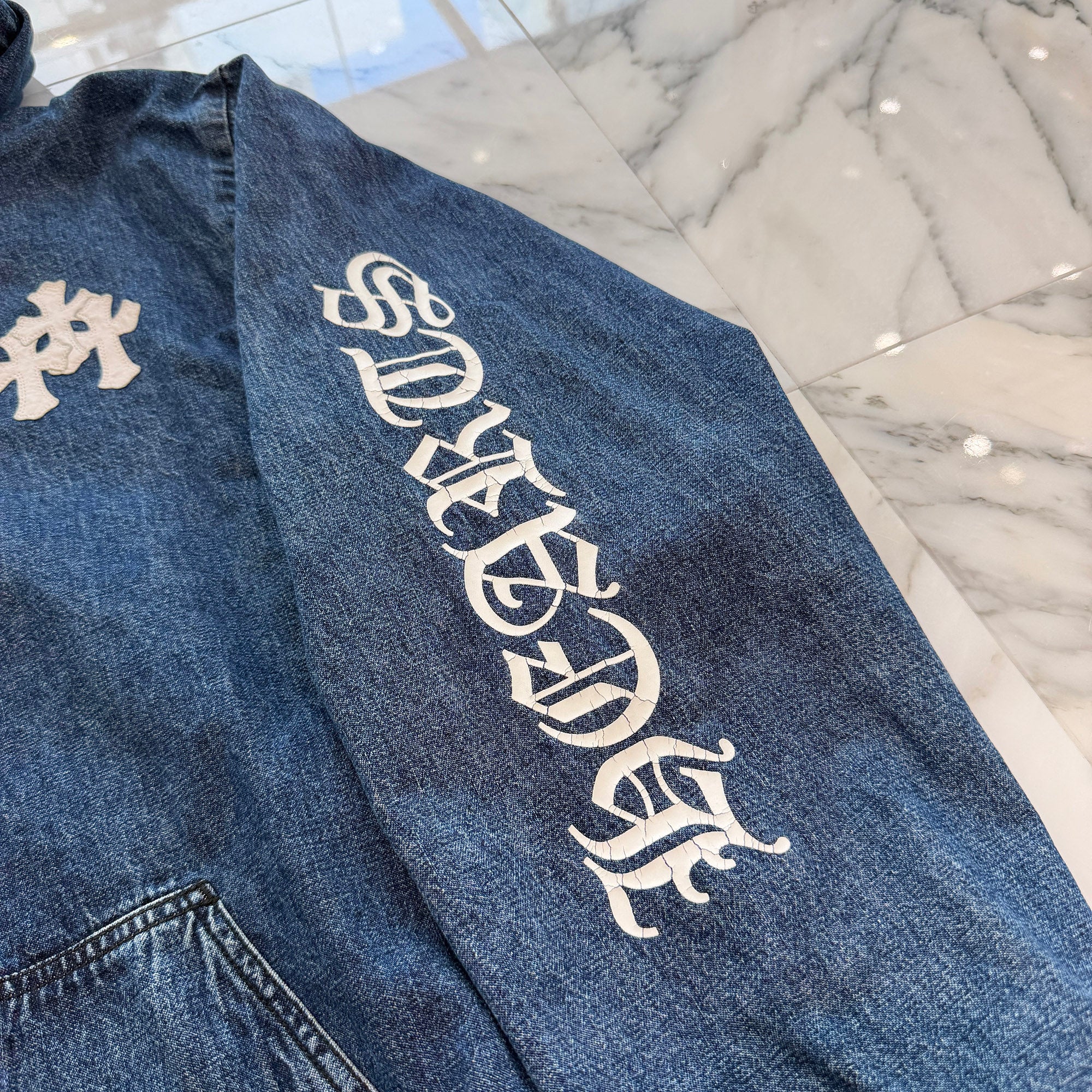 CHROME HEARTS 2024AW Leather Cemetery Triple Cross Denim Anorak Jacket Size M クロムハーツ レザーセメタリートリプルクロス デニム アノラック ジャケット サイズM