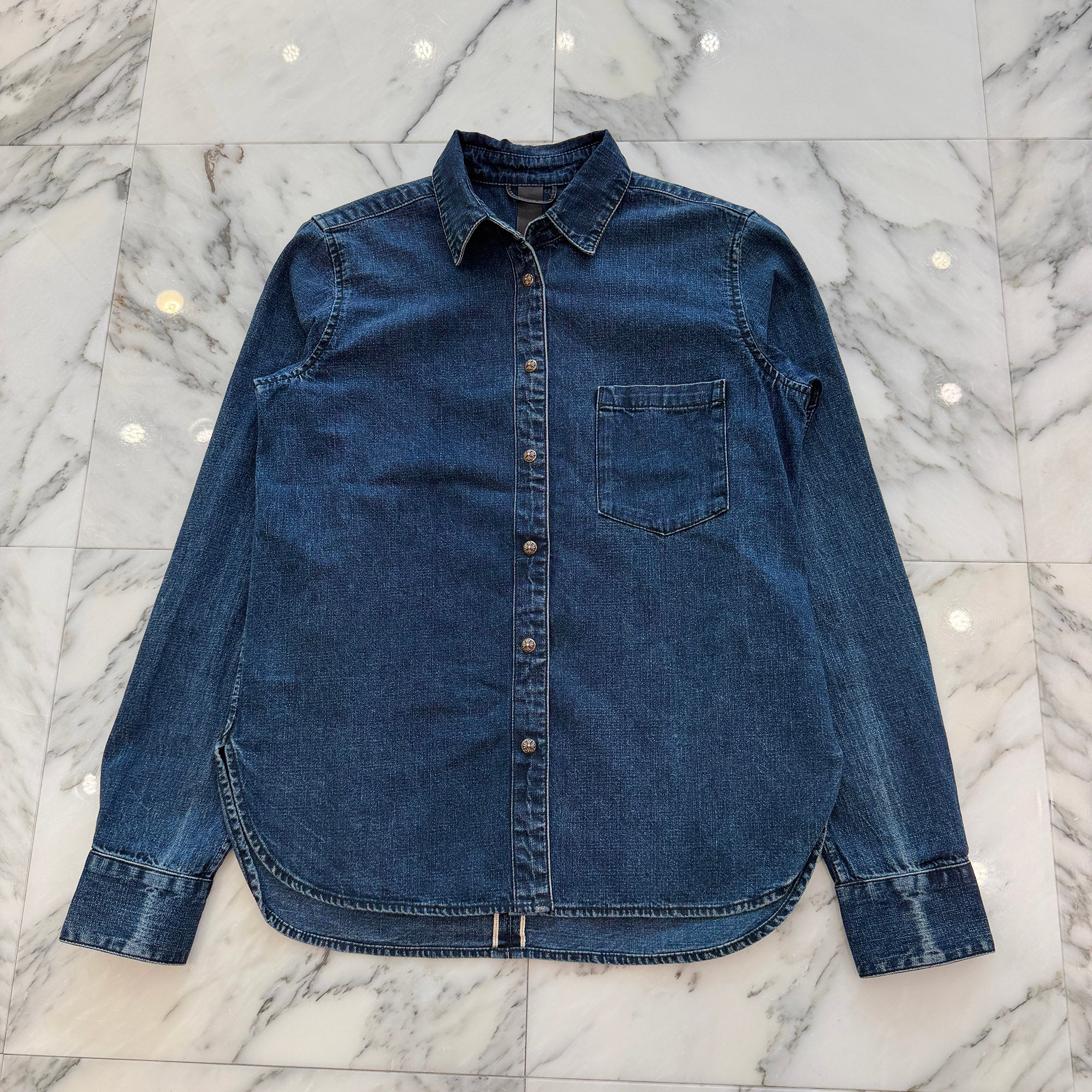 CHROME HEARTS Y NOT Leather Cross Patch Denim Shirt Size L クロムハーツ レザークロスパッチ デニムシャツ サイズL