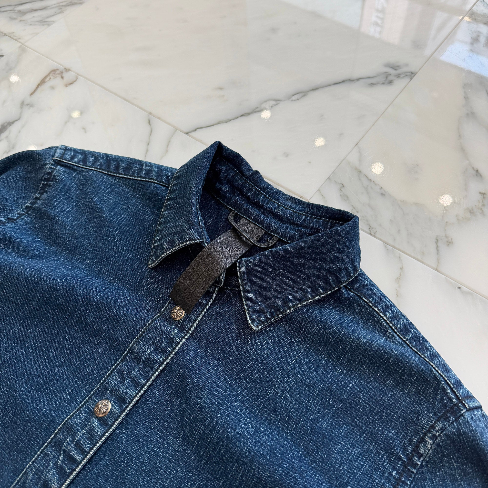 CHROME HEARTS Y NOT Leather Cross Patch Denim Shirt Size L クロムハーツ レザークロスパッチ デニムシャツ サイズL