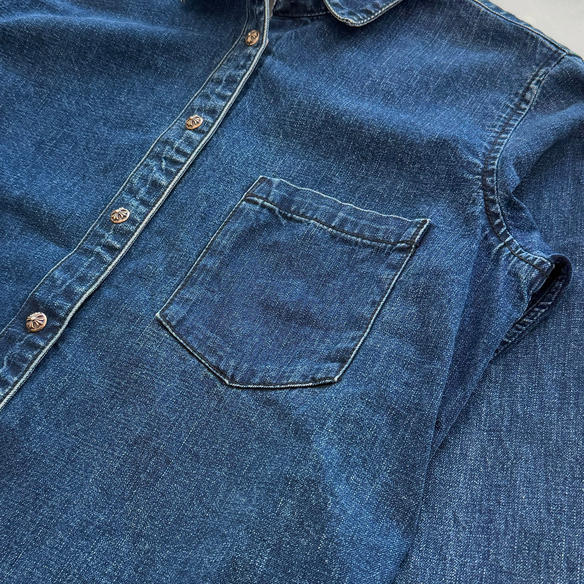 CHROME HEARTS Y NOT Leather Cross Patch Denim Shirt Size L クロムハーツ レザークロスパッチ デニムシャツ サイズL
