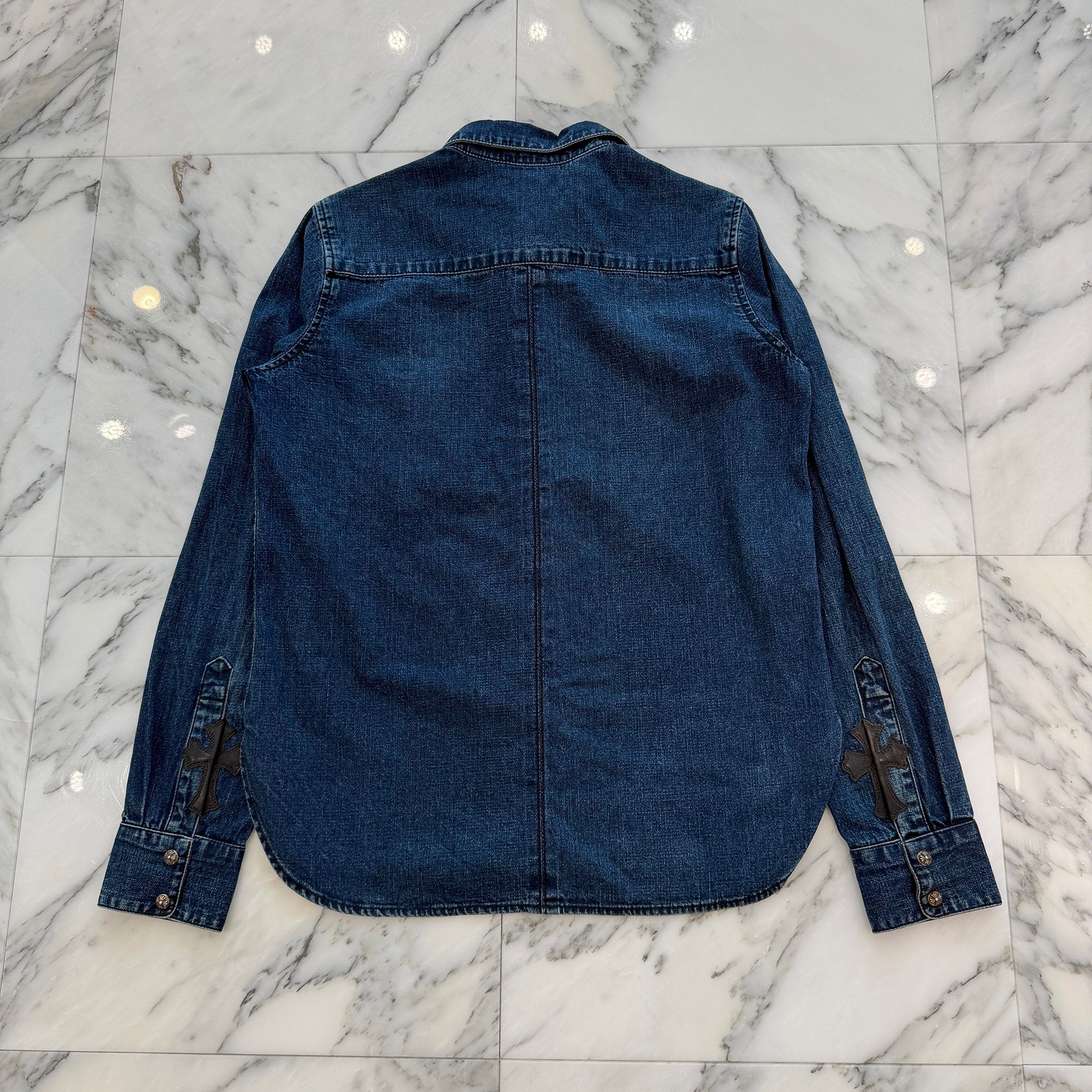 CHROME HEARTS Y NOT Leather Cross Patch Denim Shirt Size L クロムハーツ レザークロスパッチ デニムシャツ サイズL