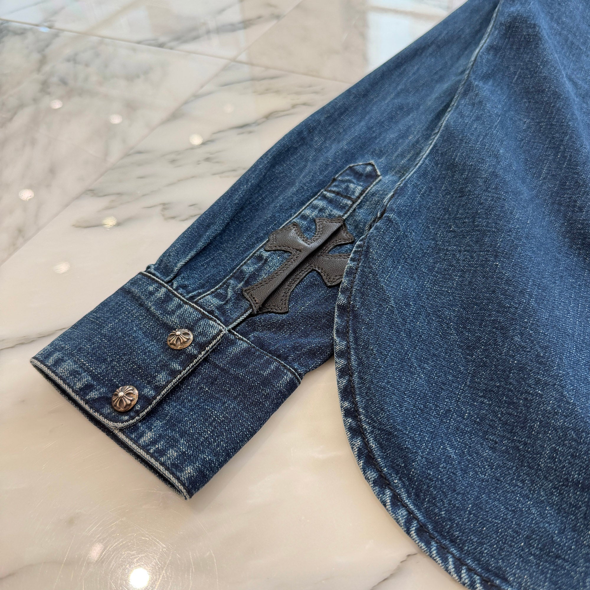 CHROME HEARTS Y NOT Leather Cross Patch Denim Shirt Size L クロムハーツ レザークロスパッチ デニムシャツ サイズL