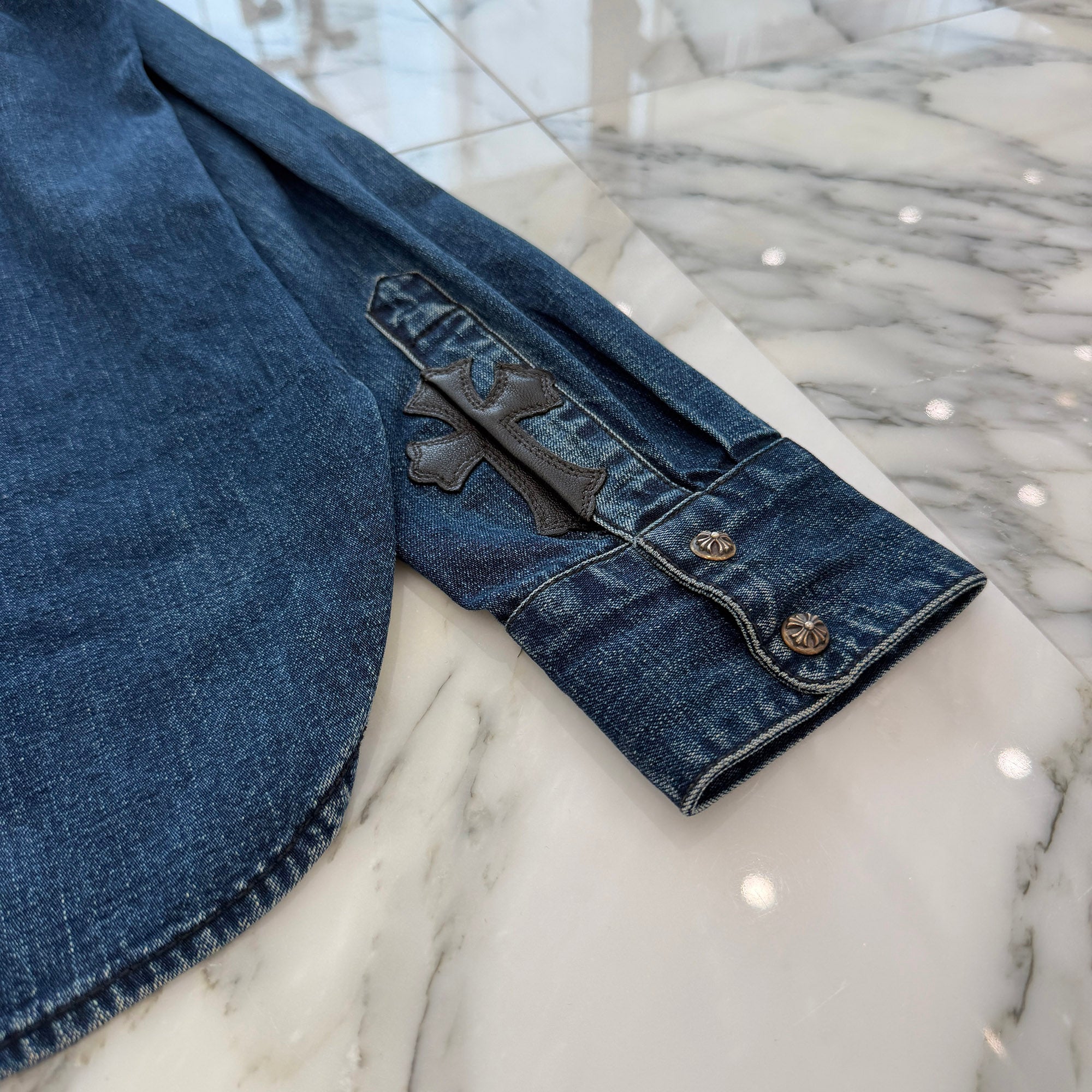 CHROME HEARTS Y NOT Leather Cross Patch Denim Shirt Size L クロムハーツ レザークロスパッチ デニムシャツ サイズL