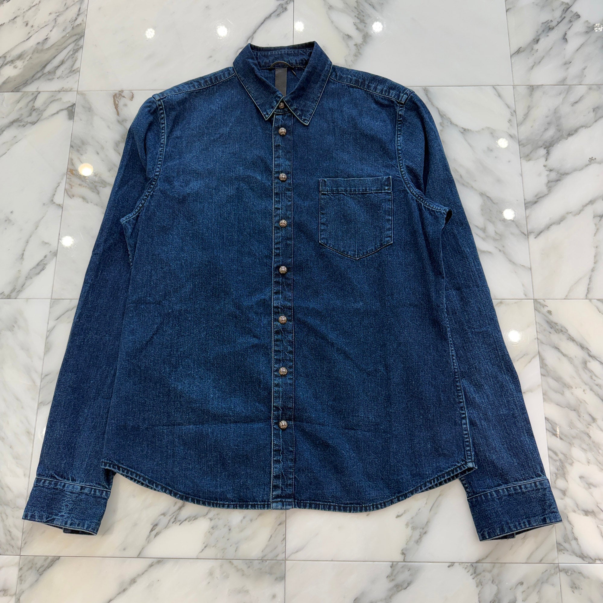 CHROME HEARTS Y NOT Leather Cross Patch Denim Shirt Size XL クロムハーツ レザークロスパッチ デニムシャツ サイズXL
