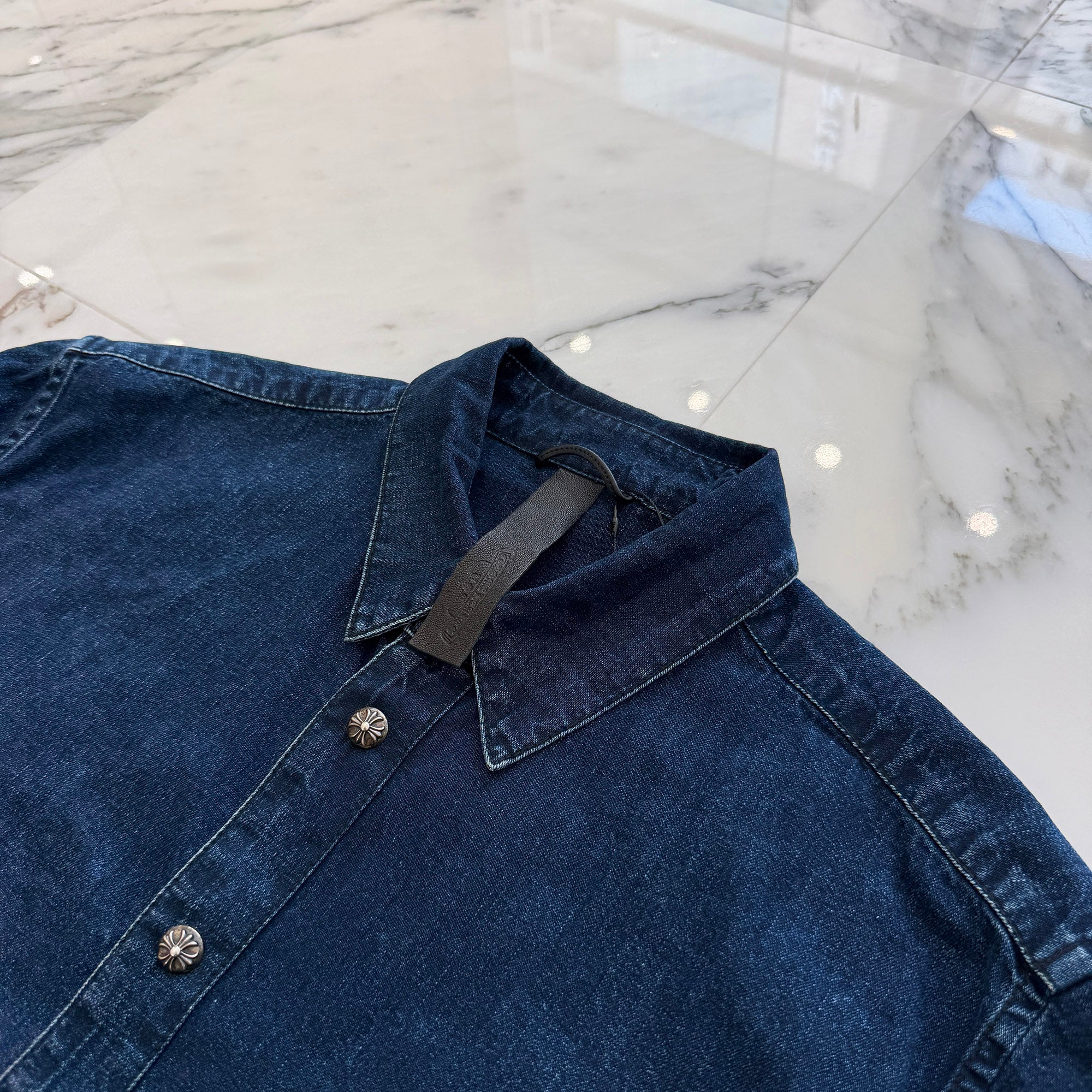 CHROME HEARTS Y NOT Leather Cross Patch Denim Shirt Size XL クロムハーツ レザークロスパッチ デニムシャツ サイズXL