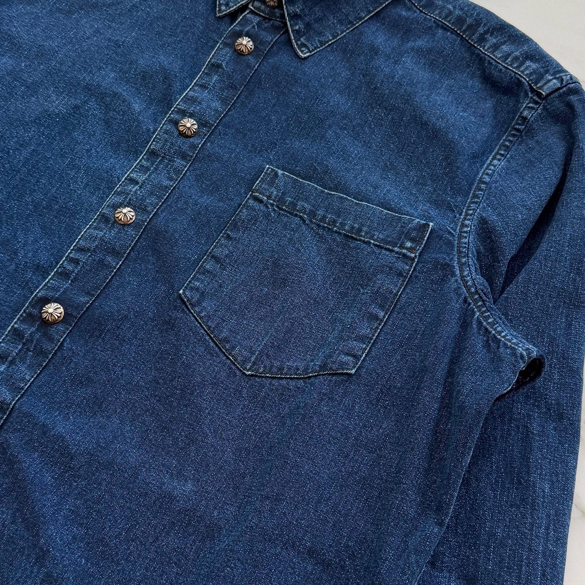 CHROME HEARTS Y NOT Leather Cross Patch Denim Shirt Size XL クロムハーツ レザークロスパッチ デニムシャツ サイズXL