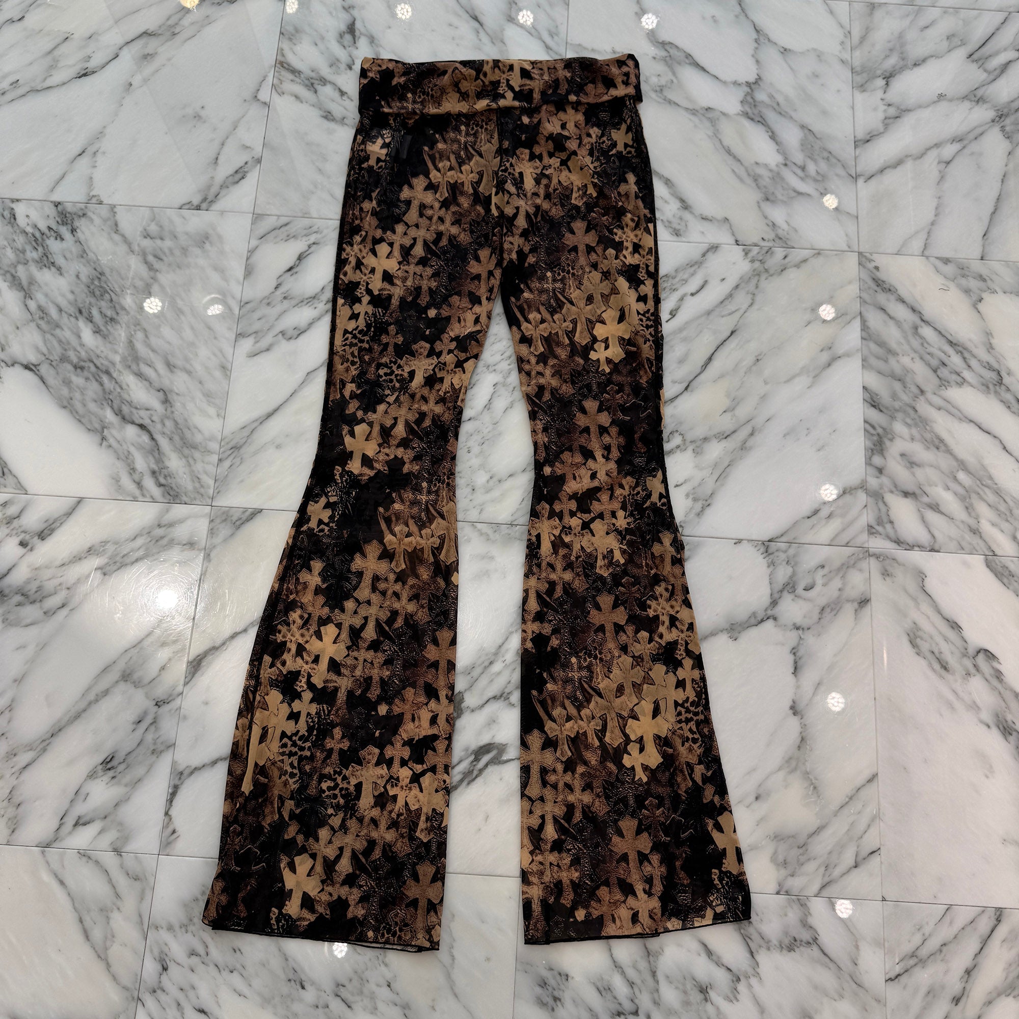 CHROME HEARTS Cemetery Cross Mesh Lace Flare Long Pants Size M クロムハーツ セメタリークロス メッシュ レース フレアロングパンツ サイズM