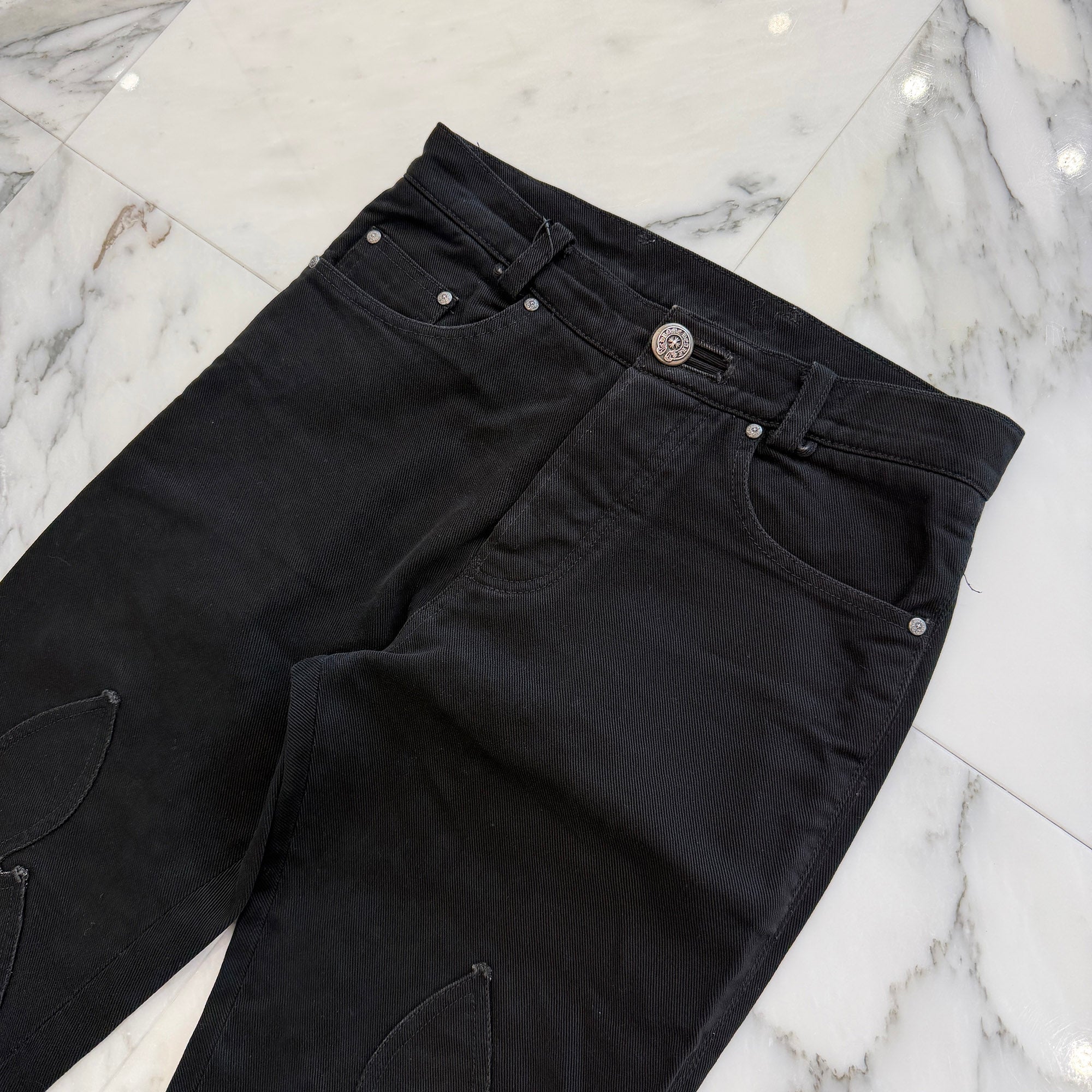 CHROME HEARTS Flare Knee Horseshoe Button Denim Pants Size 27