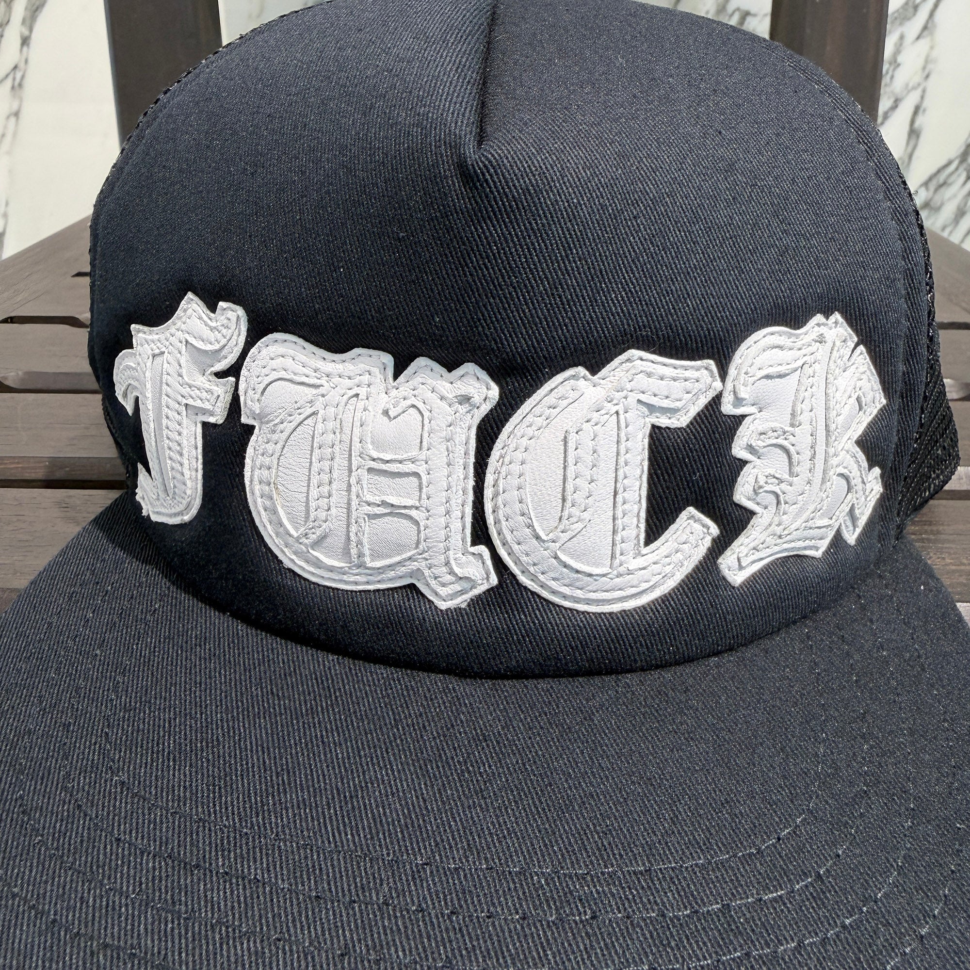 CHROME HEARTS FUCK Leather Patch Trucker Cap Size ONE SIZE (51-61) クロムハーツ ファック レザーパッチ トラッカーキャップ サイズONE SIZE (51-61)