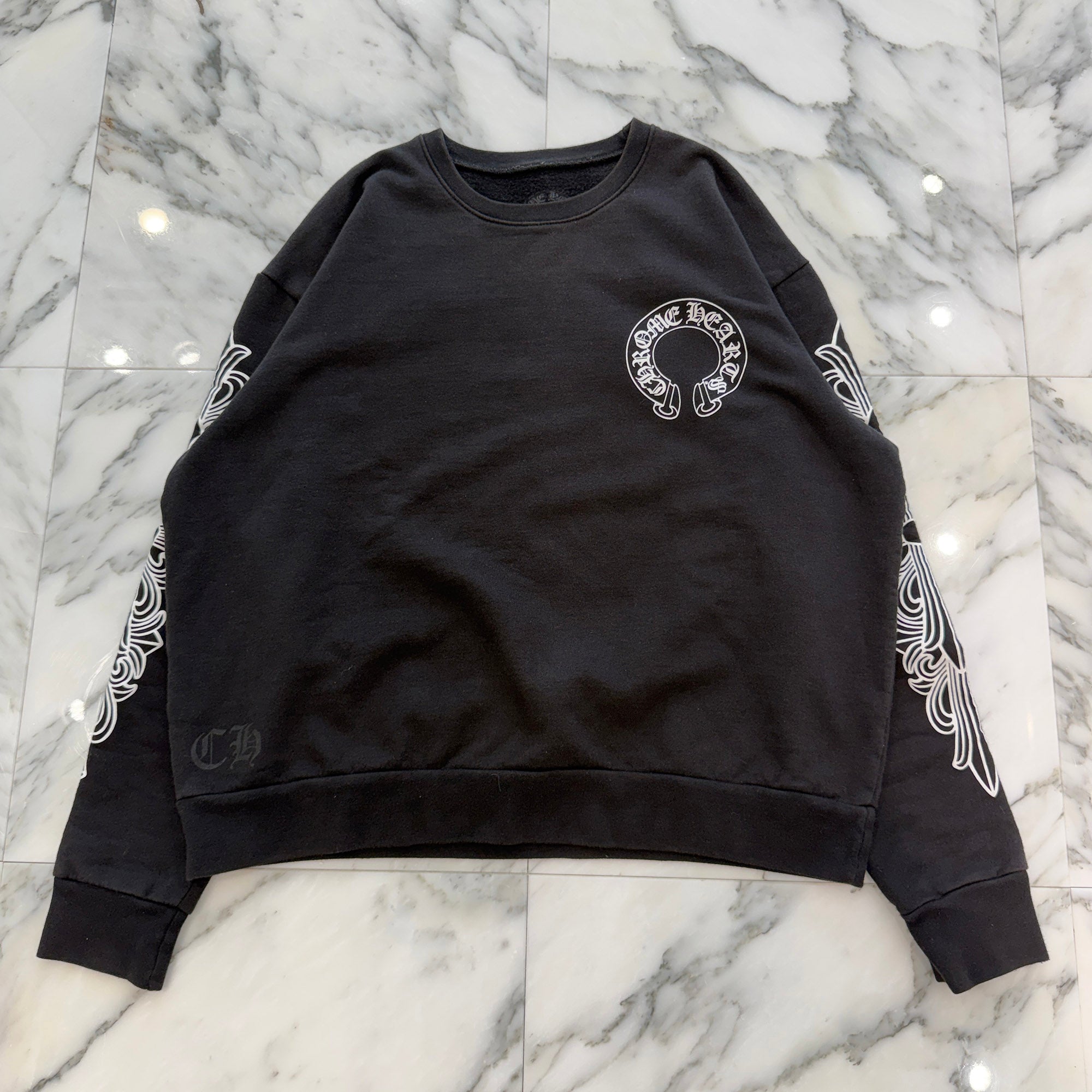 CHROME HEARTS Floral Cross Horseshoe Crewneck Sweat Shirts Size S クロムハーツ フローラルクロス ホースシュー クルーネック スウェットシャツ サイズS