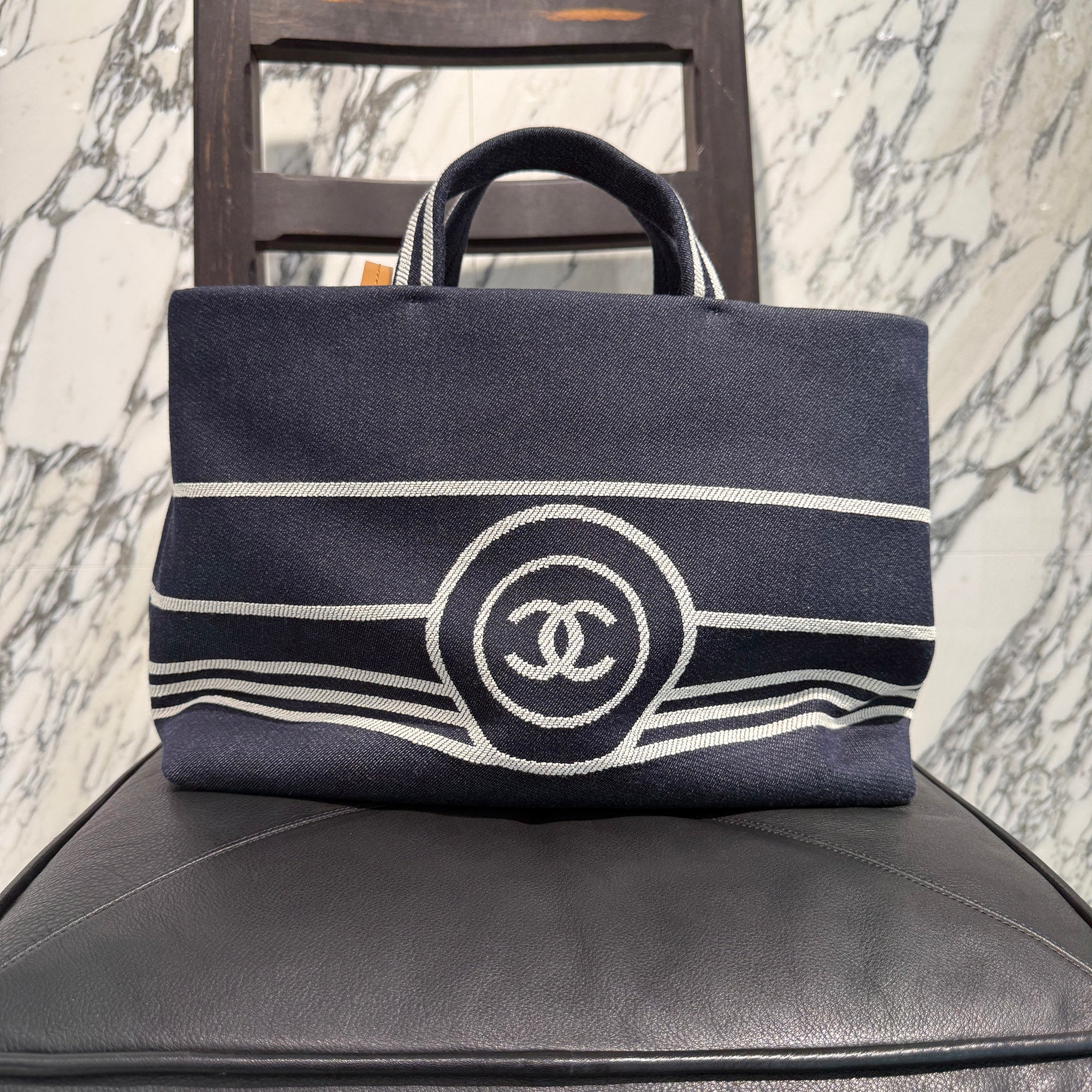CHANEL COCO Mark Striped Denim Tote Bag シャネル ココマーク ストライプデニム トートバッグ