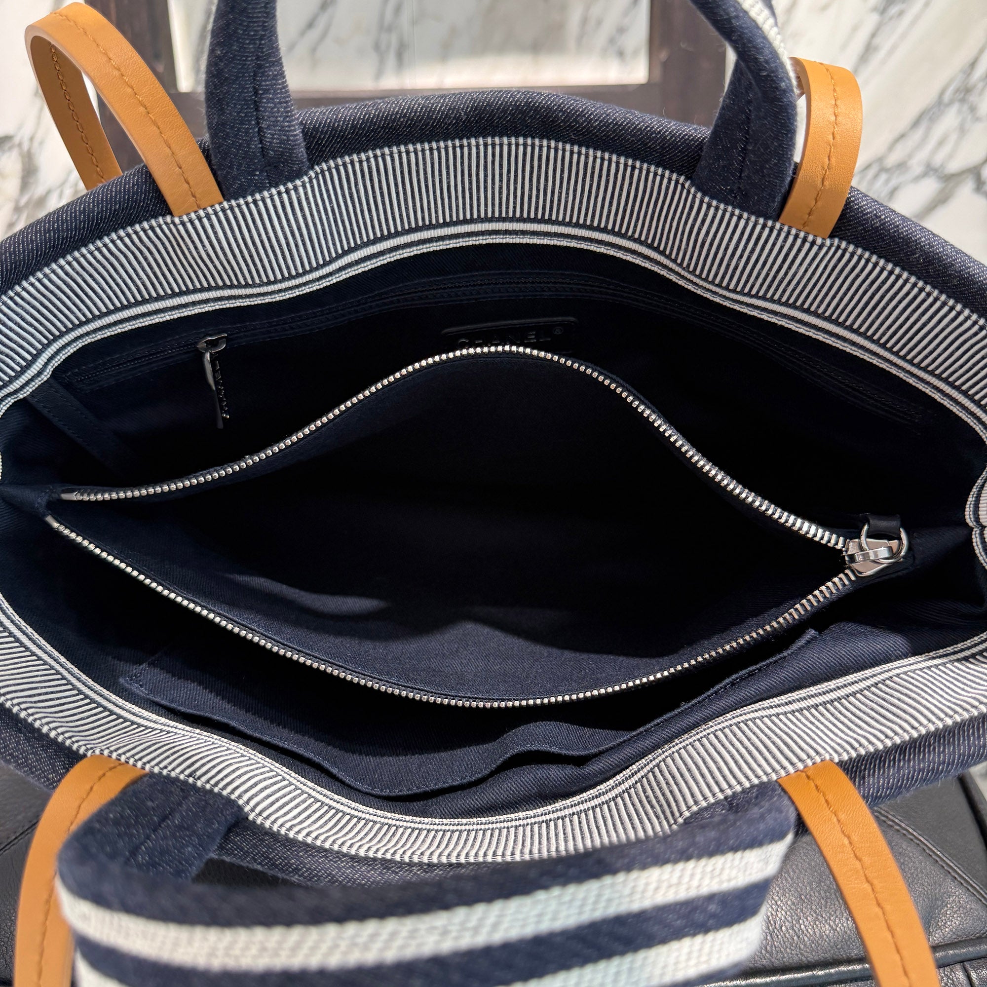 CHANEL COCO Mark Striped Denim Tote Bag シャネル ココマーク