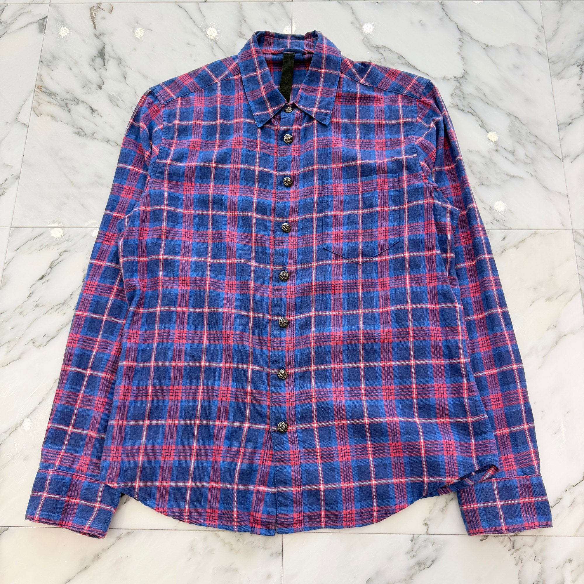 CHROME HEARTS Y NOT Cross Ball Button Star Leather Patch Check Shirt Size M クロムハーツ ワイノット クロスボールボタン スターレザーパッチ チェックシャツ サイズM
