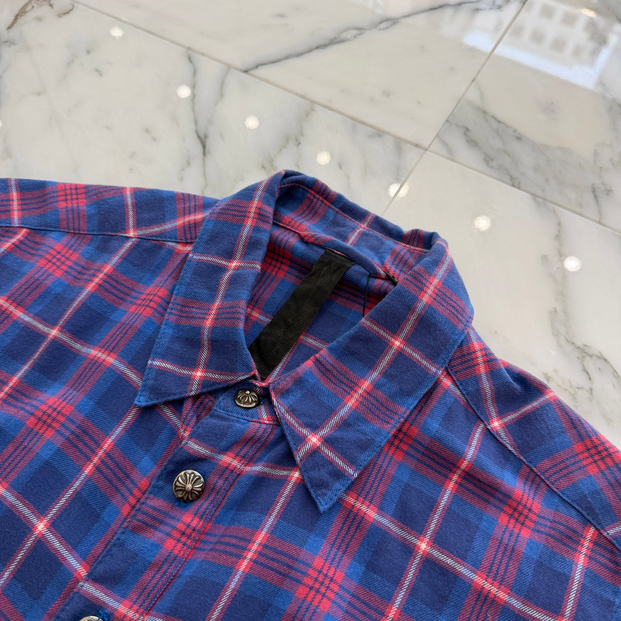 CHROME HEARTS Y NOT Cross Ball Button Star Leather Patch Check Shirt Size M クロムハーツ ワイノット クロスボールボタン スターレザーパッチ チェックシャツ サイズM