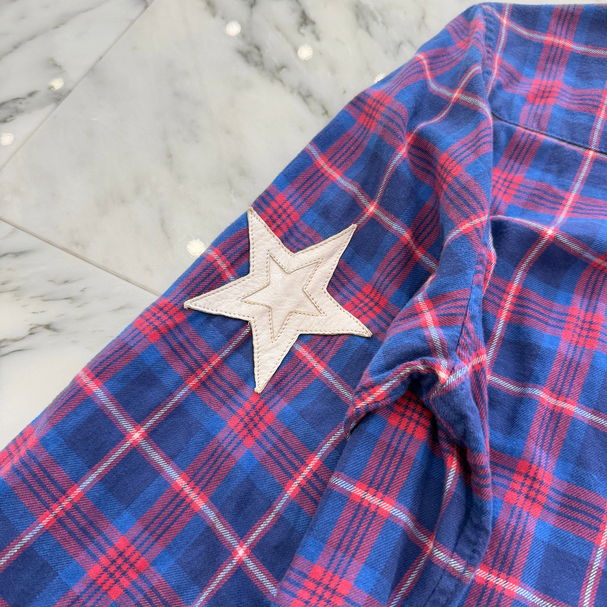 CHROME HEARTS Y NOT Cross Ball Button Star Leather Patch Check Shirt Size M クロムハーツ ワイノット クロスボールボタン スターレザーパッチ チェックシャツ サイズM