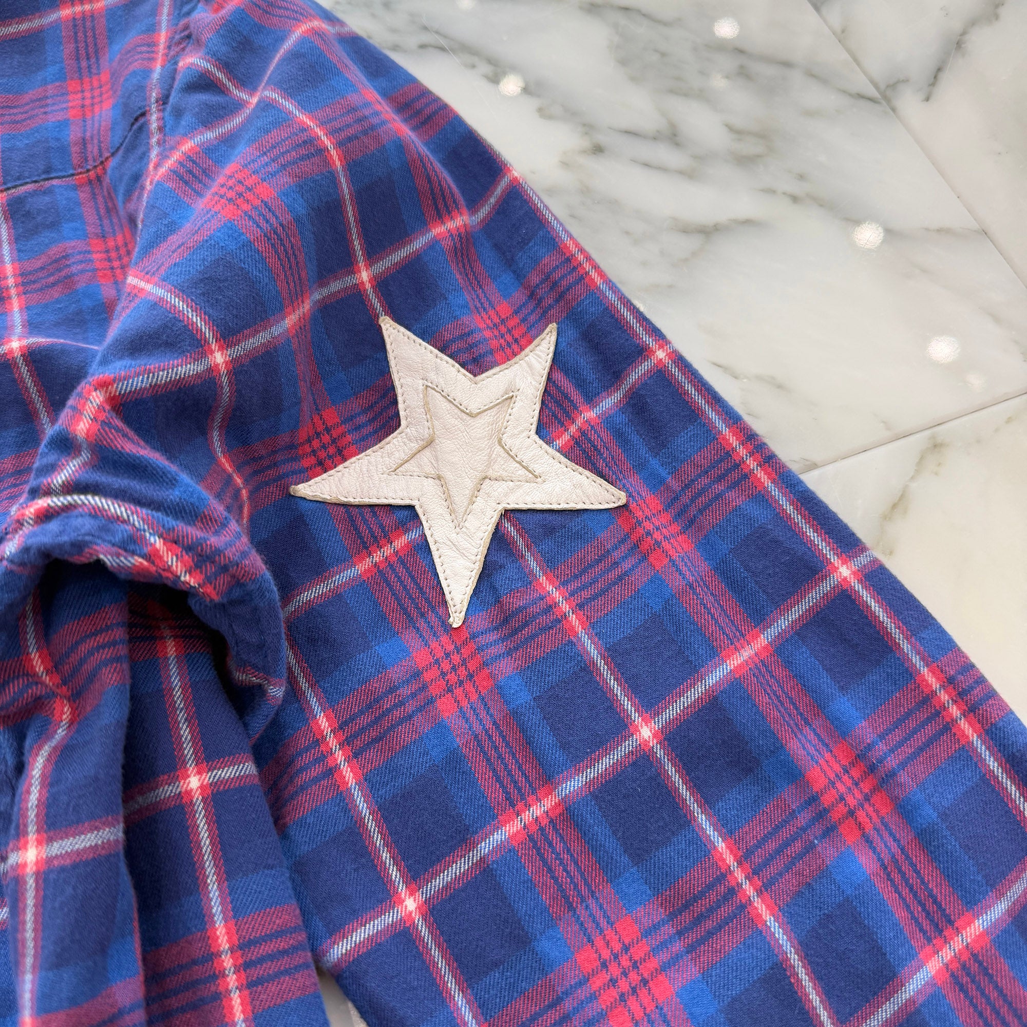 CHROME HEARTS Y NOT Cross Ball Button Star Leather Patch Check Shirt Size M クロムハーツ ワイノット クロスボールボタン スターレザーパッチ チェックシャツ サイズM