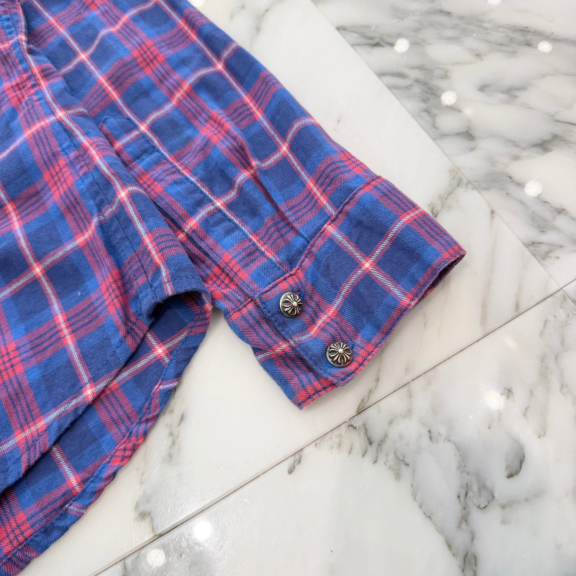 CHROME HEARTS Y NOT Cross Ball Button Star Leather Patch Check Shirt Size M クロムハーツ ワイノット クロスボールボタン スターレザーパッチ チェックシャツ サイズM