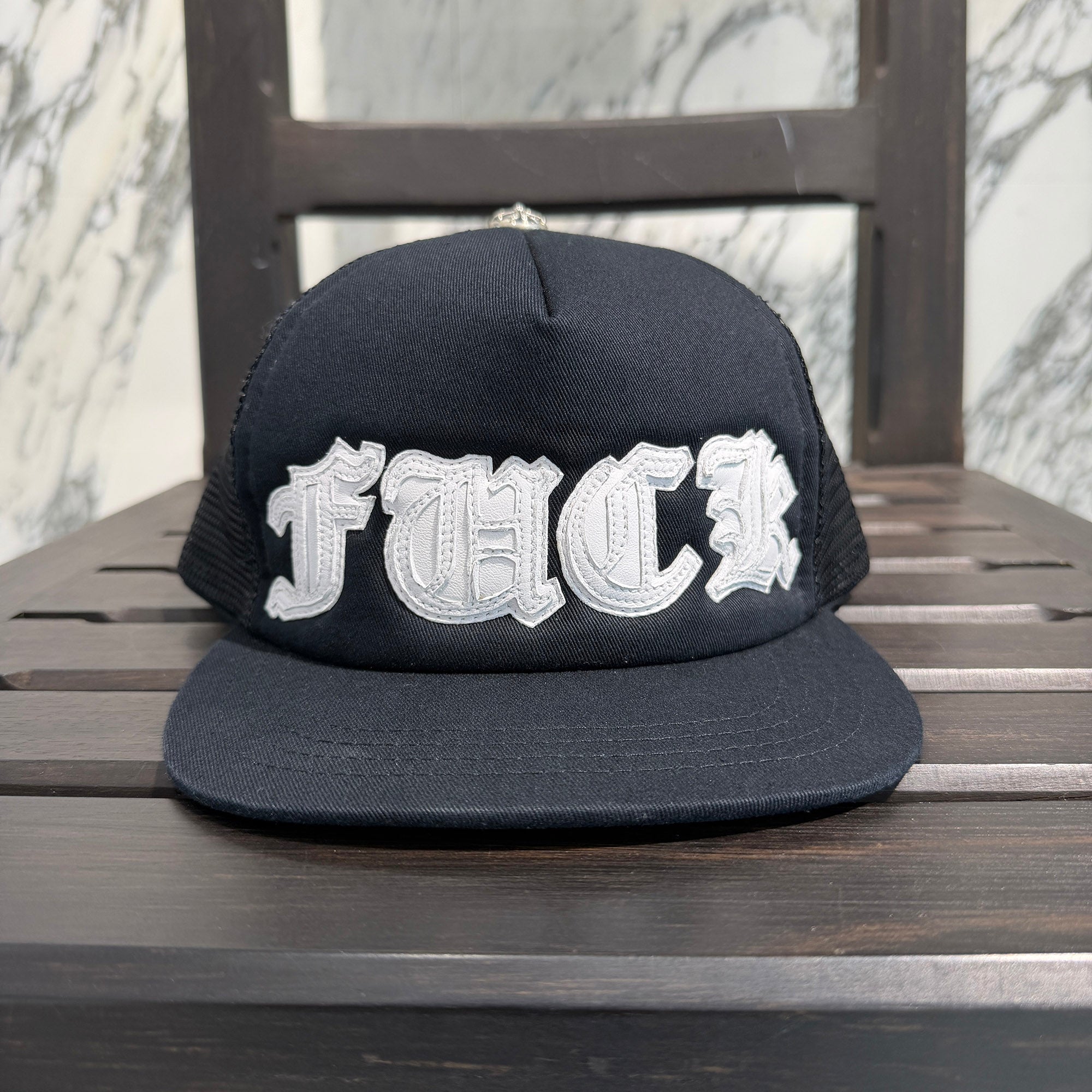 CHROME HEARTS FUCK Leather Patch Trucker Cap Size ONE SIZE (51-61) クロムハーツ ファック レザーパッチ トラッカーキャップ サイズONE SIZE (51-61)