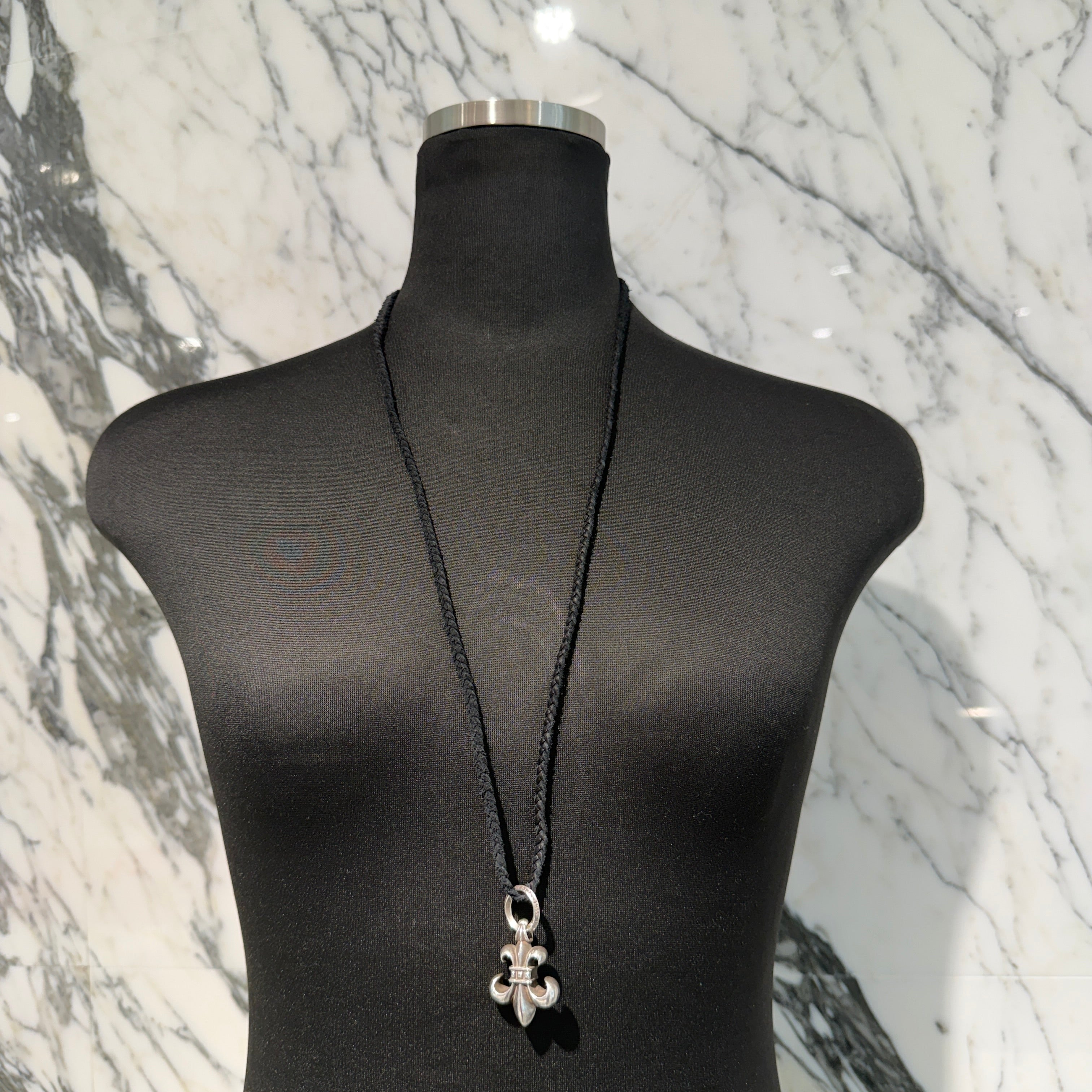 CHROME HEARTS BS FLEUR CHARM Pendant Top ＆ Scroll Leather Blade Necklace クロムハーツ BSフレア チャーム ペンダントトップ＆スクロール レザーブレード ネックレス