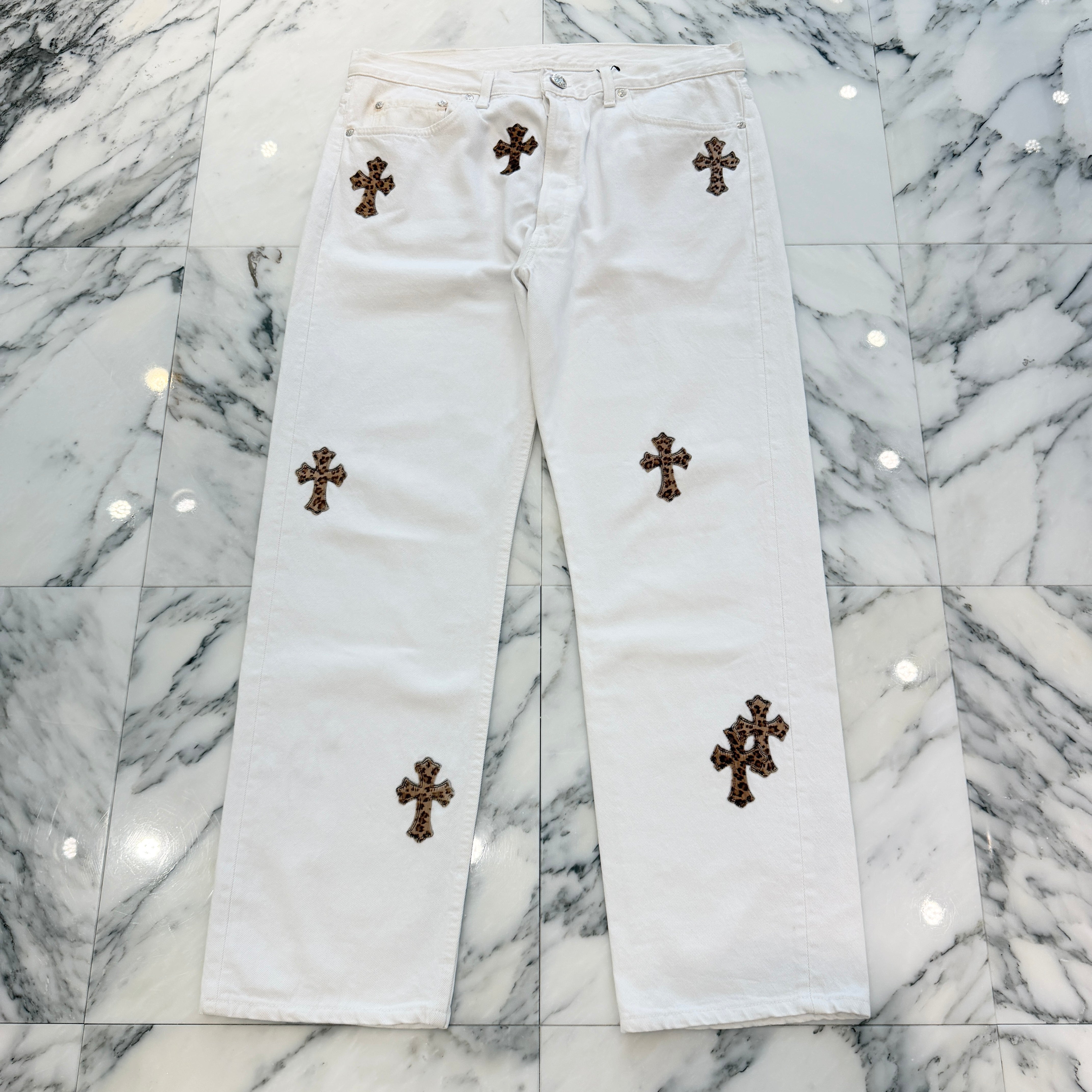 CHROME HEARTS × Levi's VNTG Leopard Harako Leather Cross Patch Denim Pants Size 36 クロムハーツ × リーバイス ヴィンテージ レオパード ハラコレザークロスパッチ デニムパンツ サイズ36
