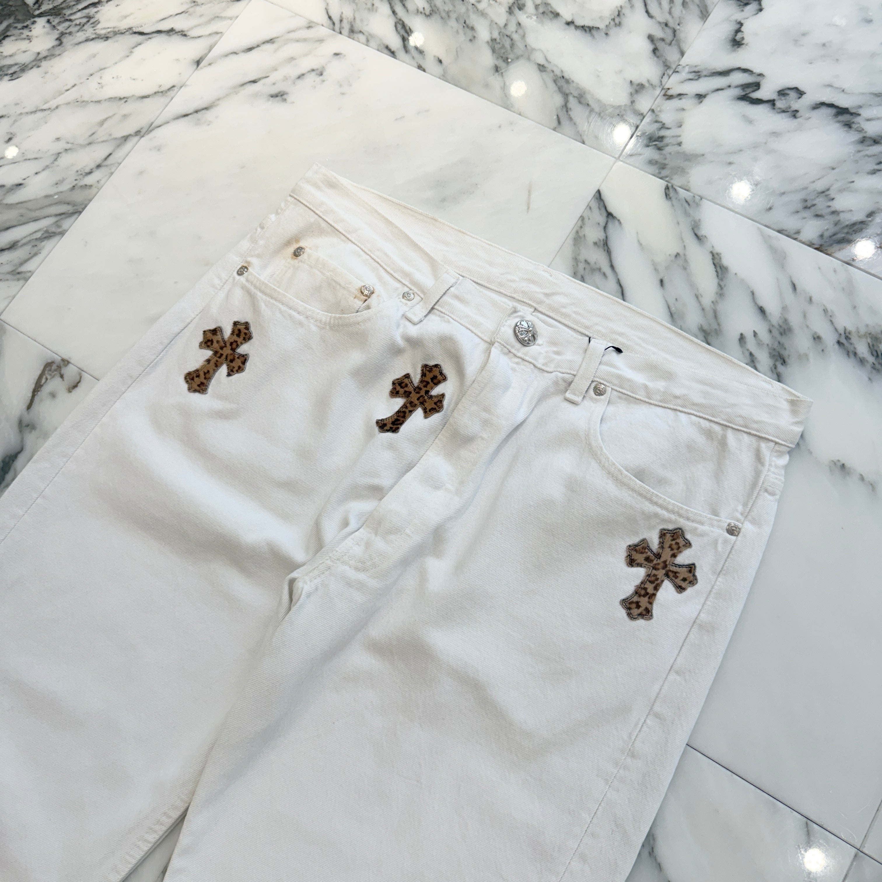 CHROME HEARTS × Levi's VNTG Leopard Harako Leather Cross Patch Denim Pants Size 36 クロムハーツ × リーバイス ヴィンテージ レオパード ハラコレザークロスパッチ デニムパンツ サイズ36