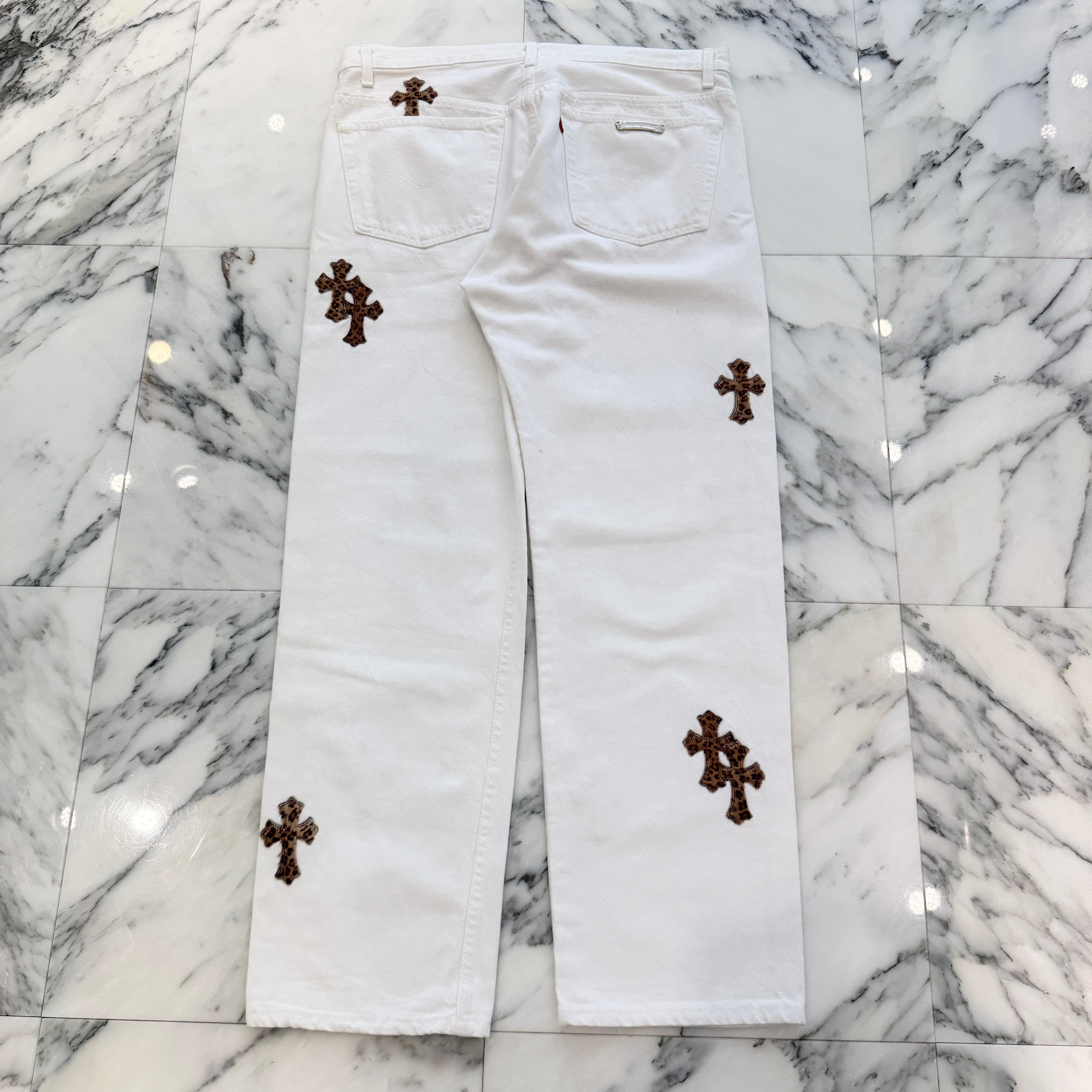 CHROME HEARTS × Levi's VNTG Leopard Harako Leather Cross Patch Denim Pants Size 36 クロムハーツ × リーバイス ヴィンテージ レオパード ハラコレザークロスパッチ デニムパンツ サイズ36