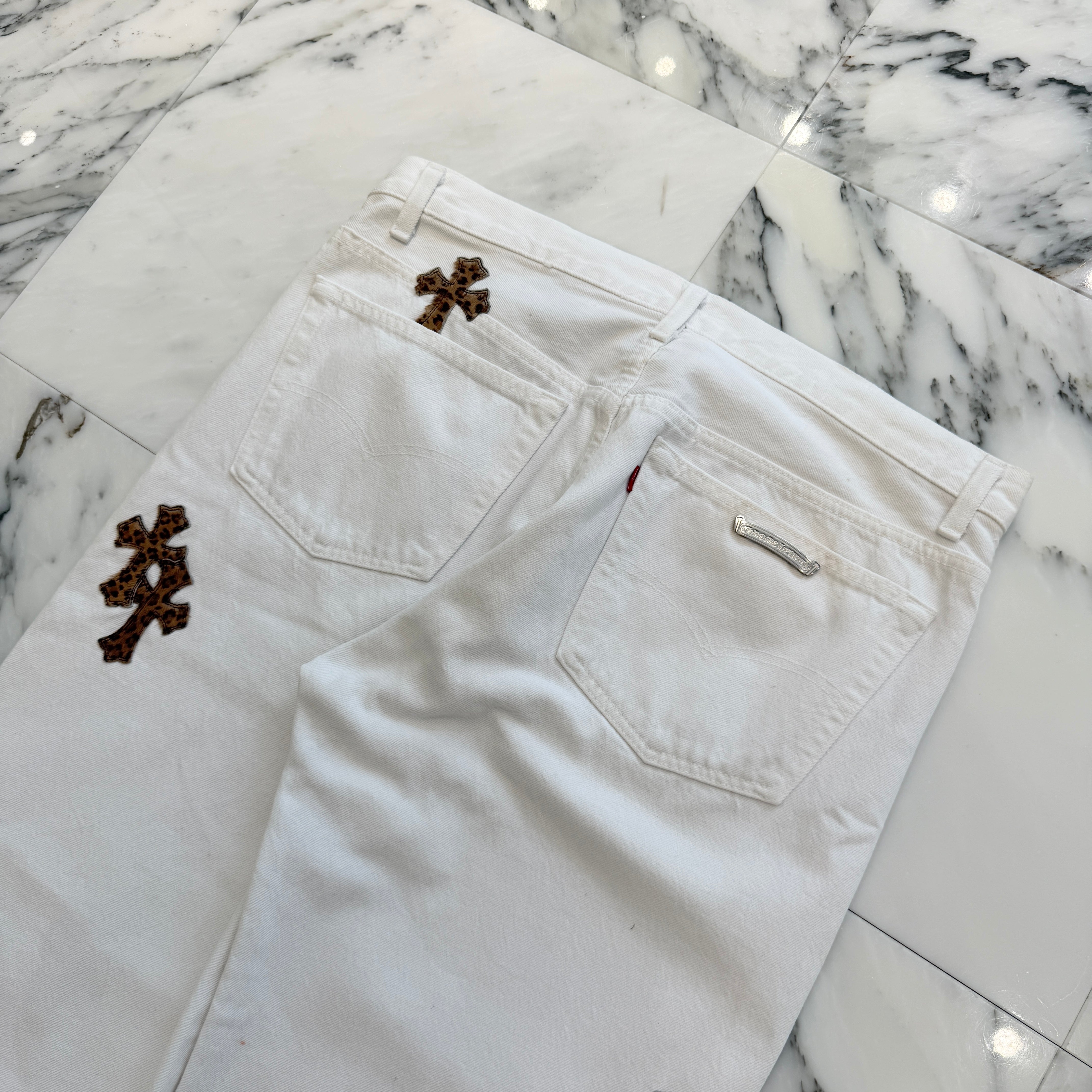CHROME HEARTS × Levi's VNTG Leopard Harako Leather Cross Patch Denim Pants Size 36 クロムハーツ × リーバイス ヴィンテージ レオパード ハラコレザークロスパッチ デニムパンツ サイズ36