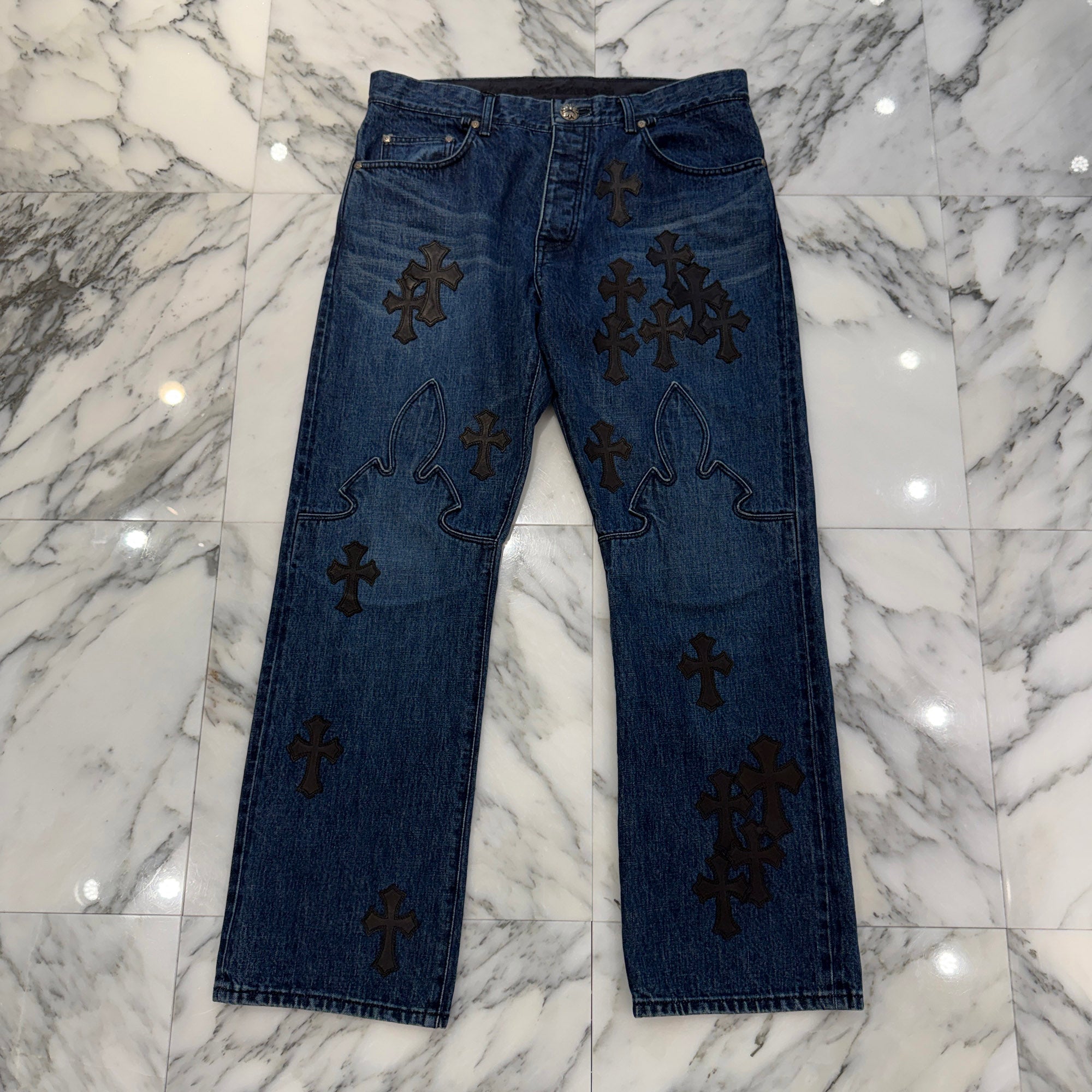 CHROME HEARTS Leather Cross Patch Cross Ball Button Flare Knee Denim Pants Size 36 クロムハーツ レザークロスパッチ クロスボールボタン フレアニー デニムパンツ サイズ36