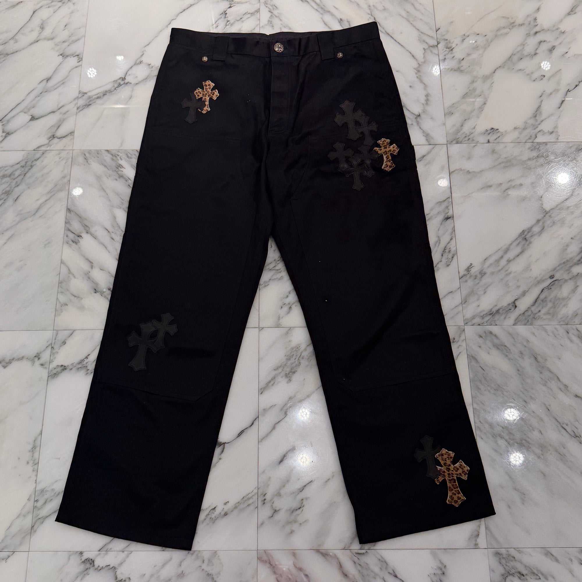 CHROME HEARTS Multi Leather Patch Carpenter Cross Ball Button Pants Size 36 クロムハーツ マルチレザーパッチ カーペンター クロスボールボタン パンツ サイズ36