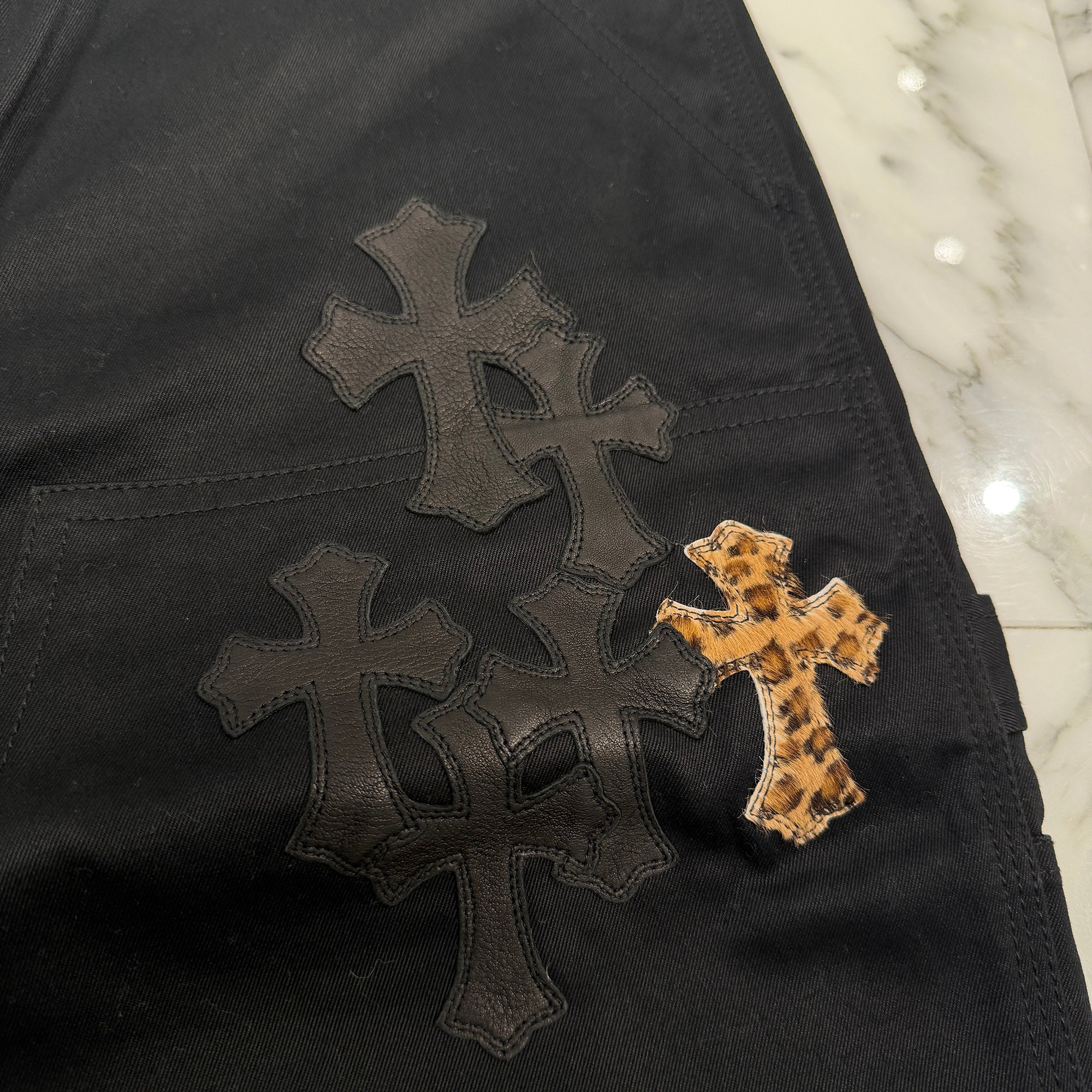 CHROME HEARTS Multi Leather Patch Carpenter Cross Ball Button Pants Size 36 クロムハーツ マルチレザーパッチ カーペンター クロスボールボタン パンツ サイズ36