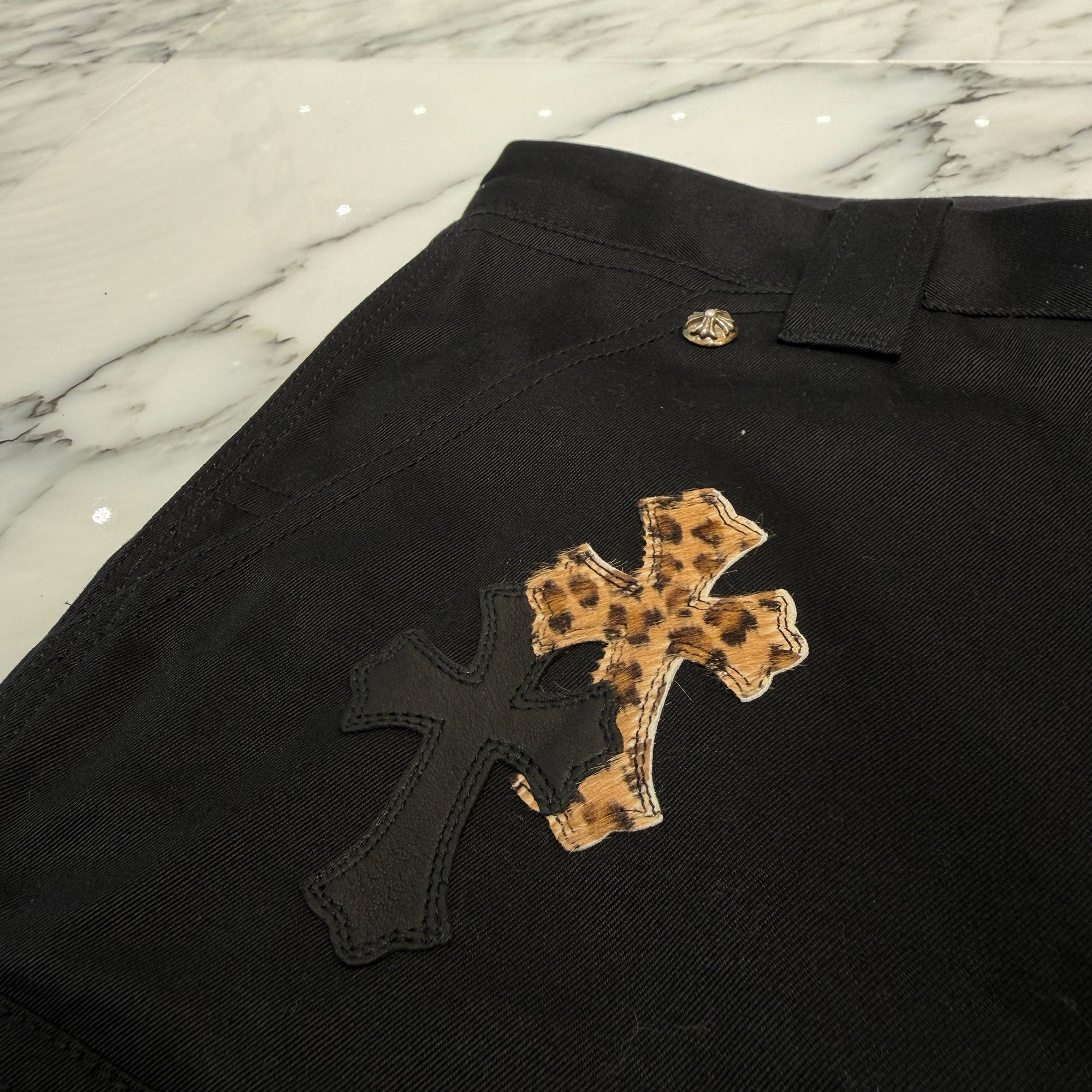 CHROME HEARTS Multi Leather Patch Carpenter Cross Ball Button Pants Size 36 クロムハーツ マルチレザーパッチ カーペンター クロスボールボタン パンツ サイズ36