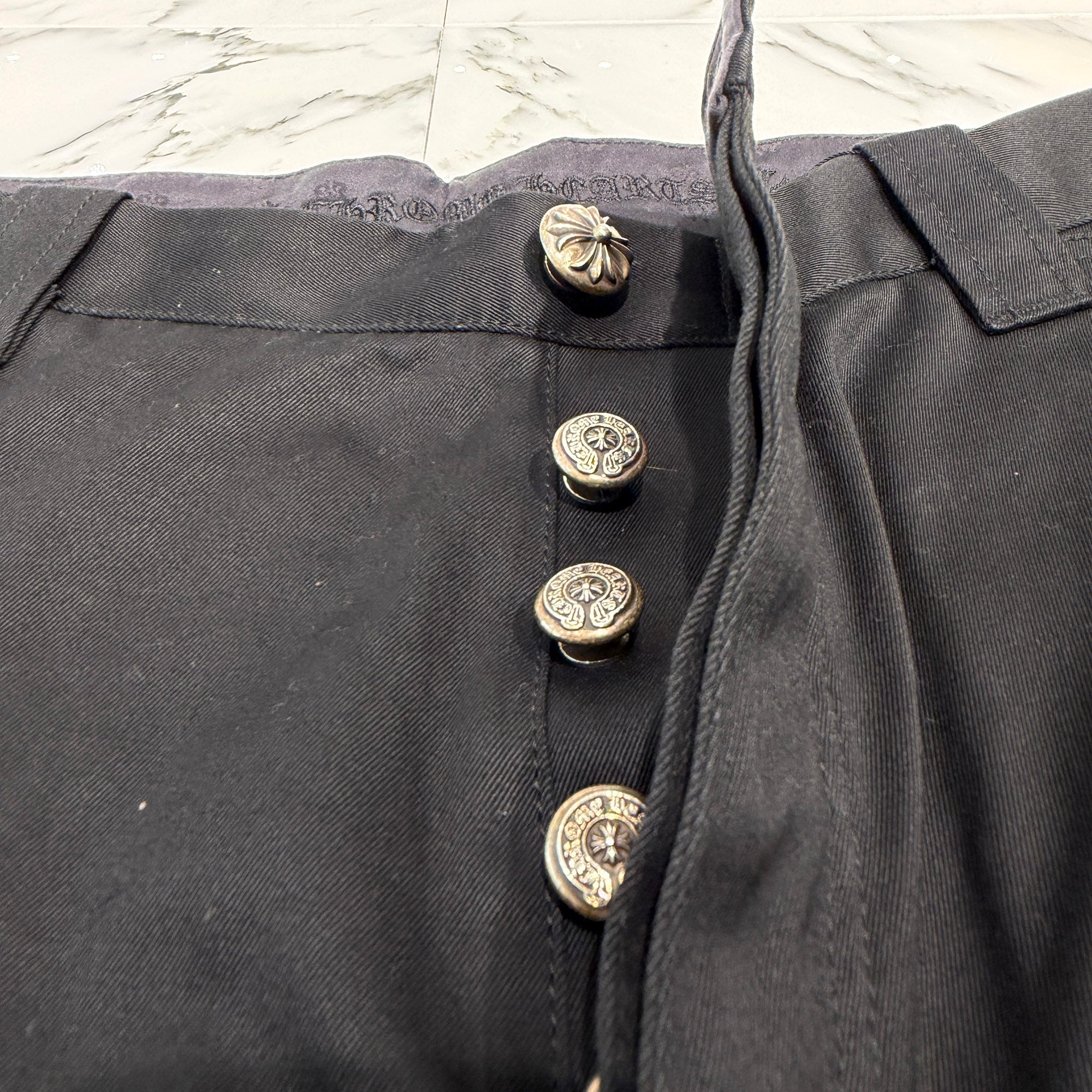 CHROME HEARTS Multi Leather Patch Carpenter Cross Ball Button Pants Size 36 クロムハーツ マルチレザーパッチ カーペンター クロスボールボタン パンツ サイズ36