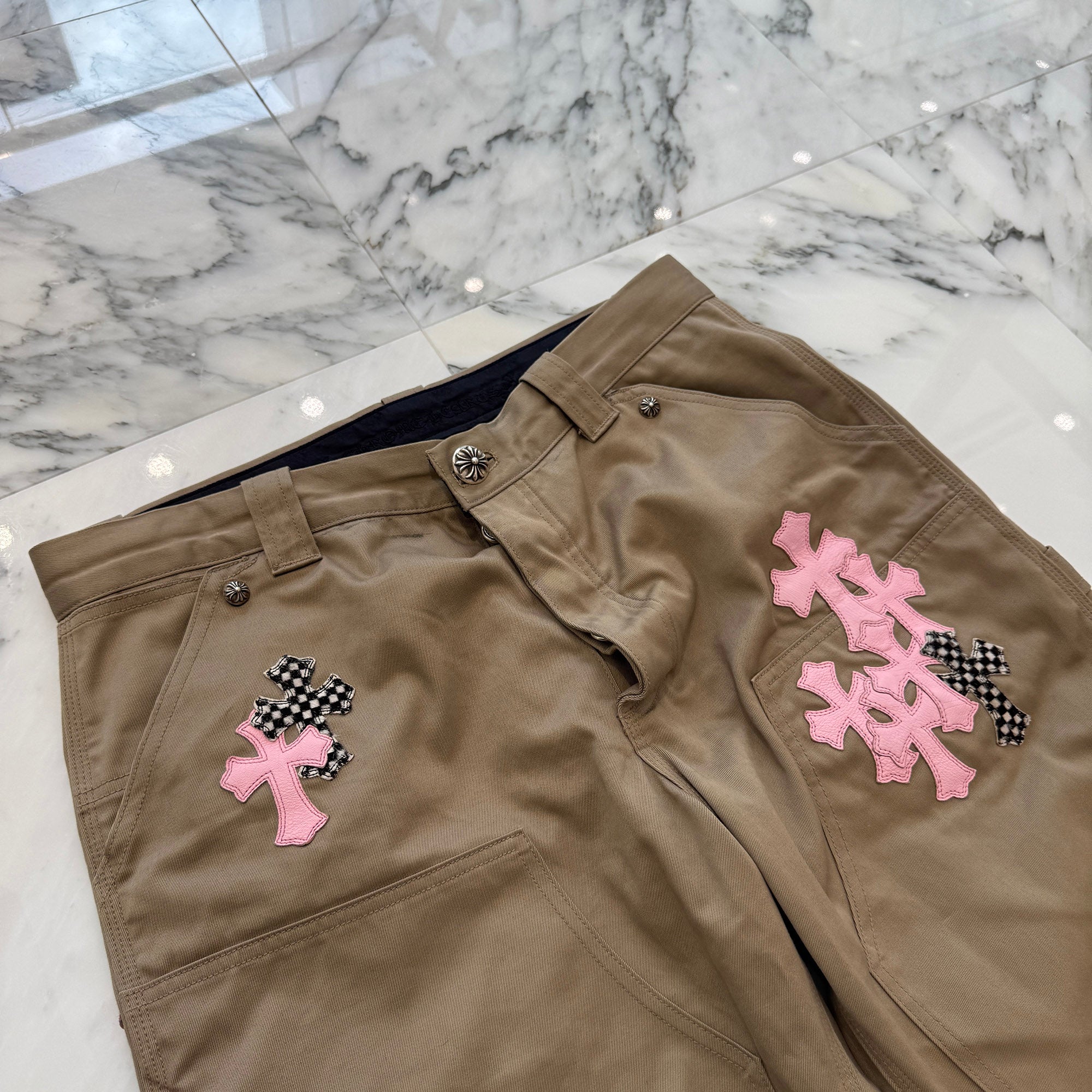 CHROME HEARTS Multi Leather Patch Carpenter Cross Ball Button Denim Pants Size 34 クロムハーツ マルチレザーパッチ カーペンター クロスボールボタン デニムパンツ サイズ34