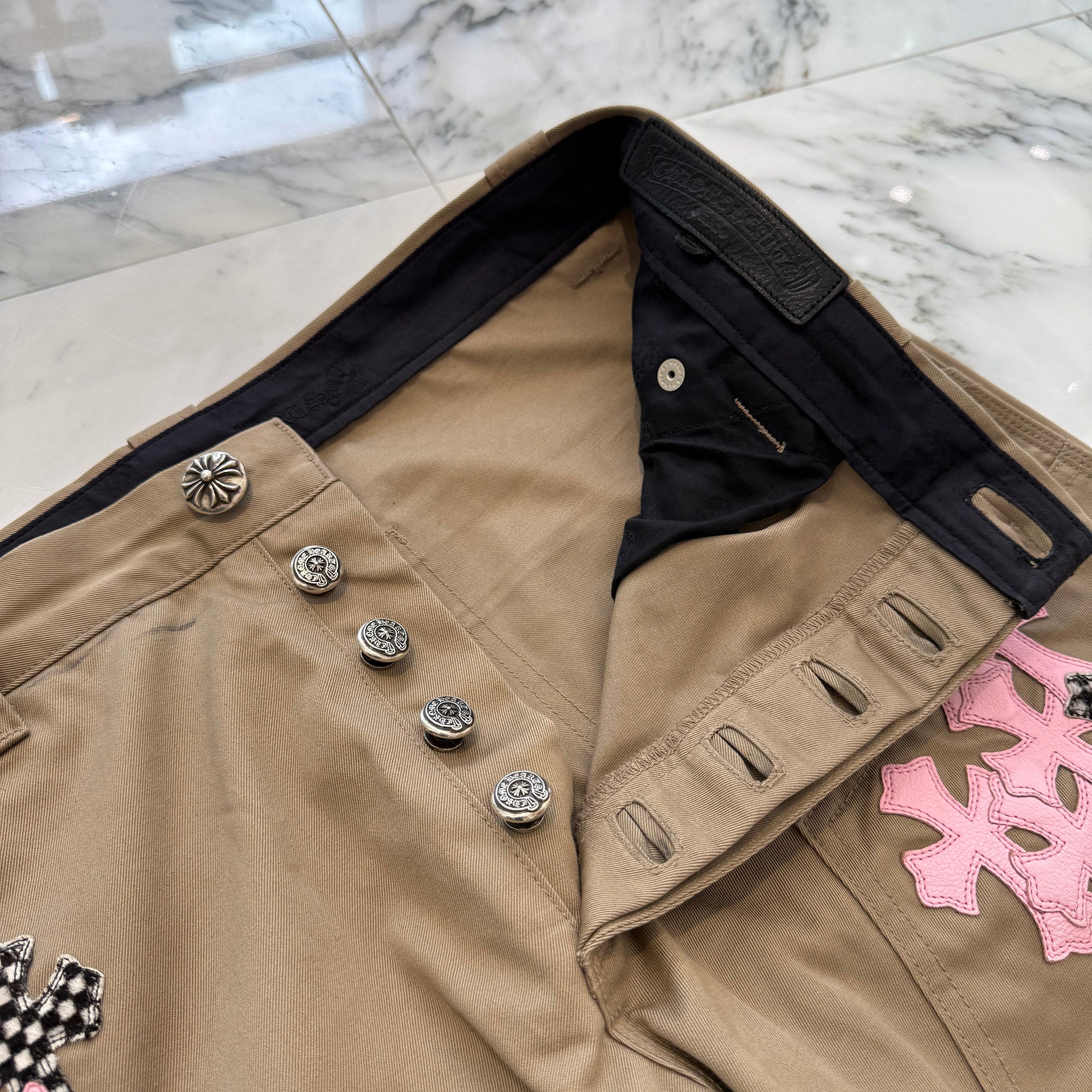 CHROME HEARTS Multi Leather Patch Carpenter Cross Ball Button Denim Pants Size 34 クロムハーツ マルチレザーパッチ カーペンター クロスボールボタン デニムパンツ サイズ34