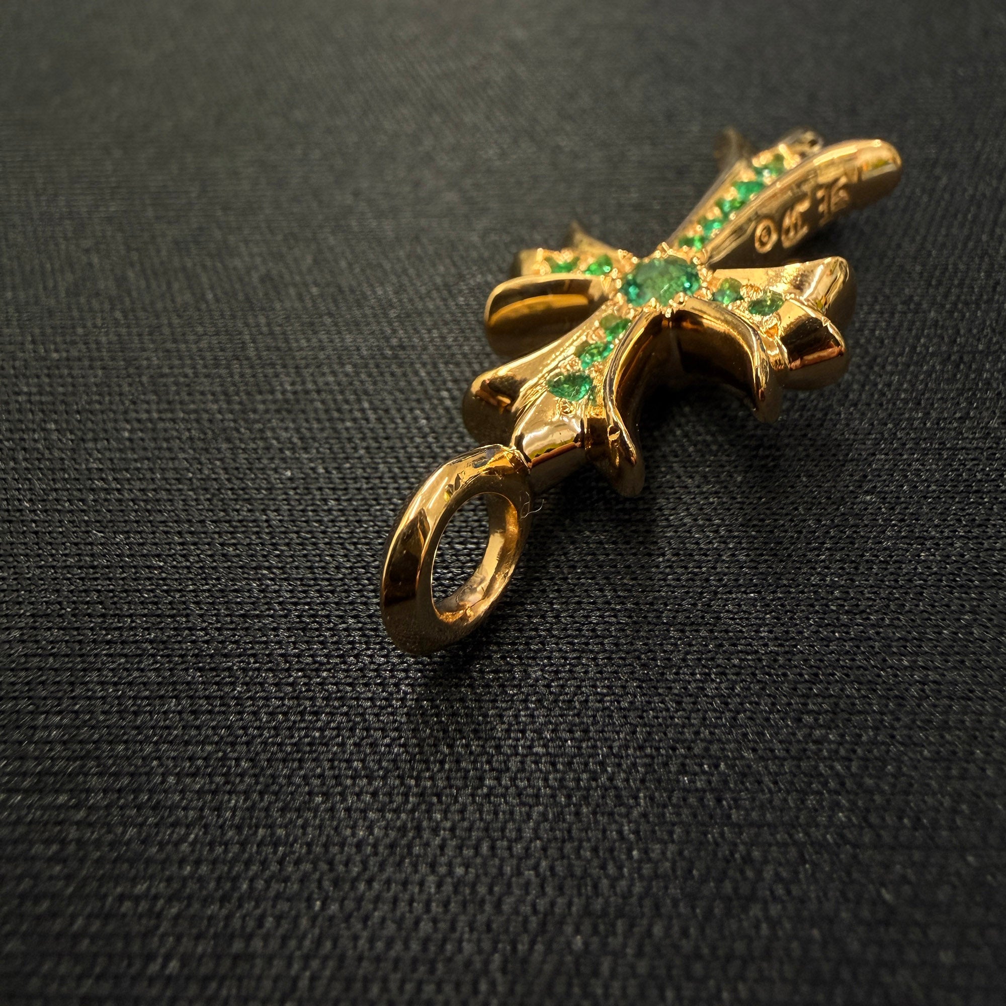 CHROME HEARTS 22K Tiny Fat Cross Pave Emerald Pendant Top クロムハーツ 22K タイニーファット クロス パヴェエメラルド ペンダントトップ