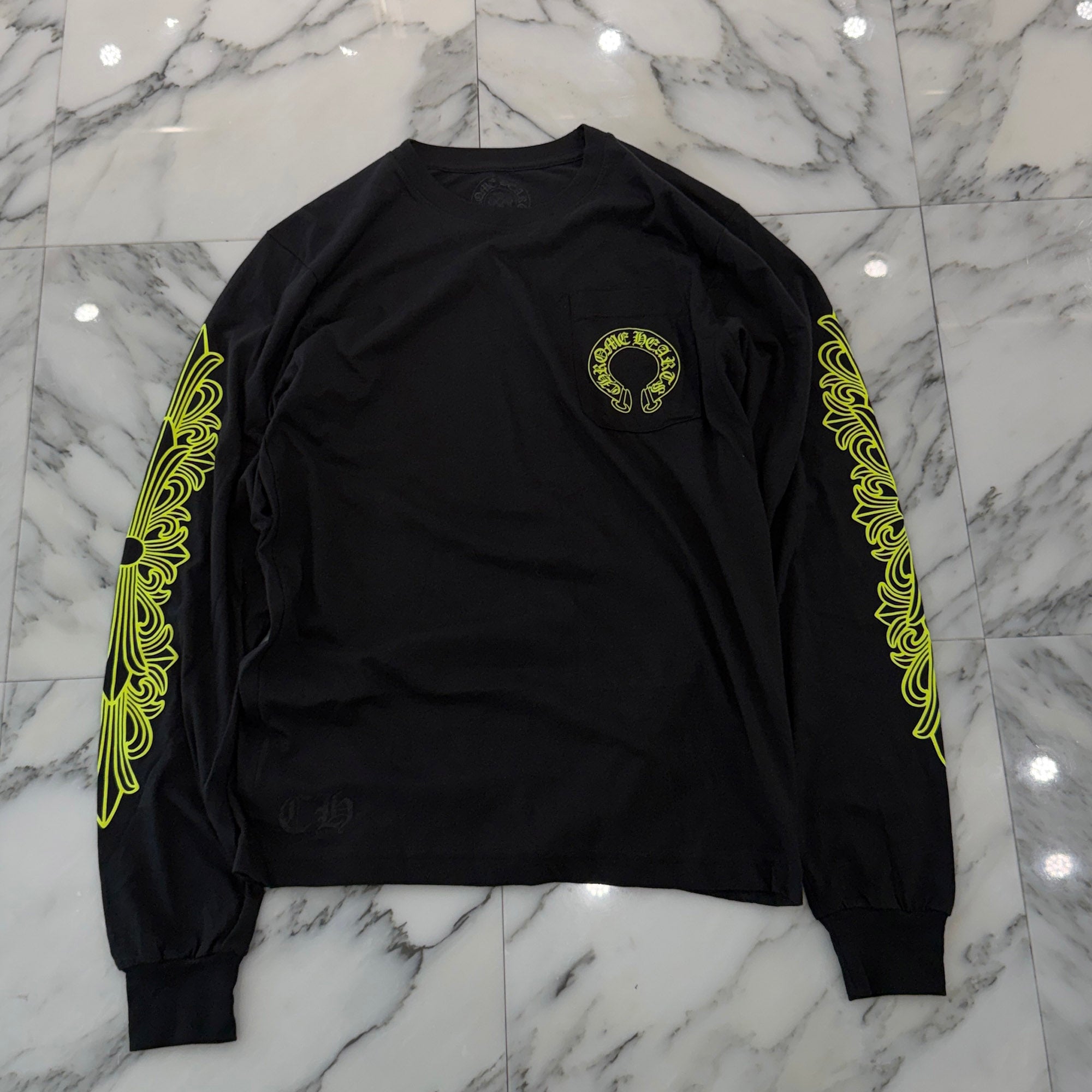 CHROME HEARTS Neon Yellow Floral Cross Horseshoe Long Sleeve Tee Size M クロムハーツ ネオンイエロー フローラルクロス ホースシュー ロングスリーブ Tシャツ サイズM