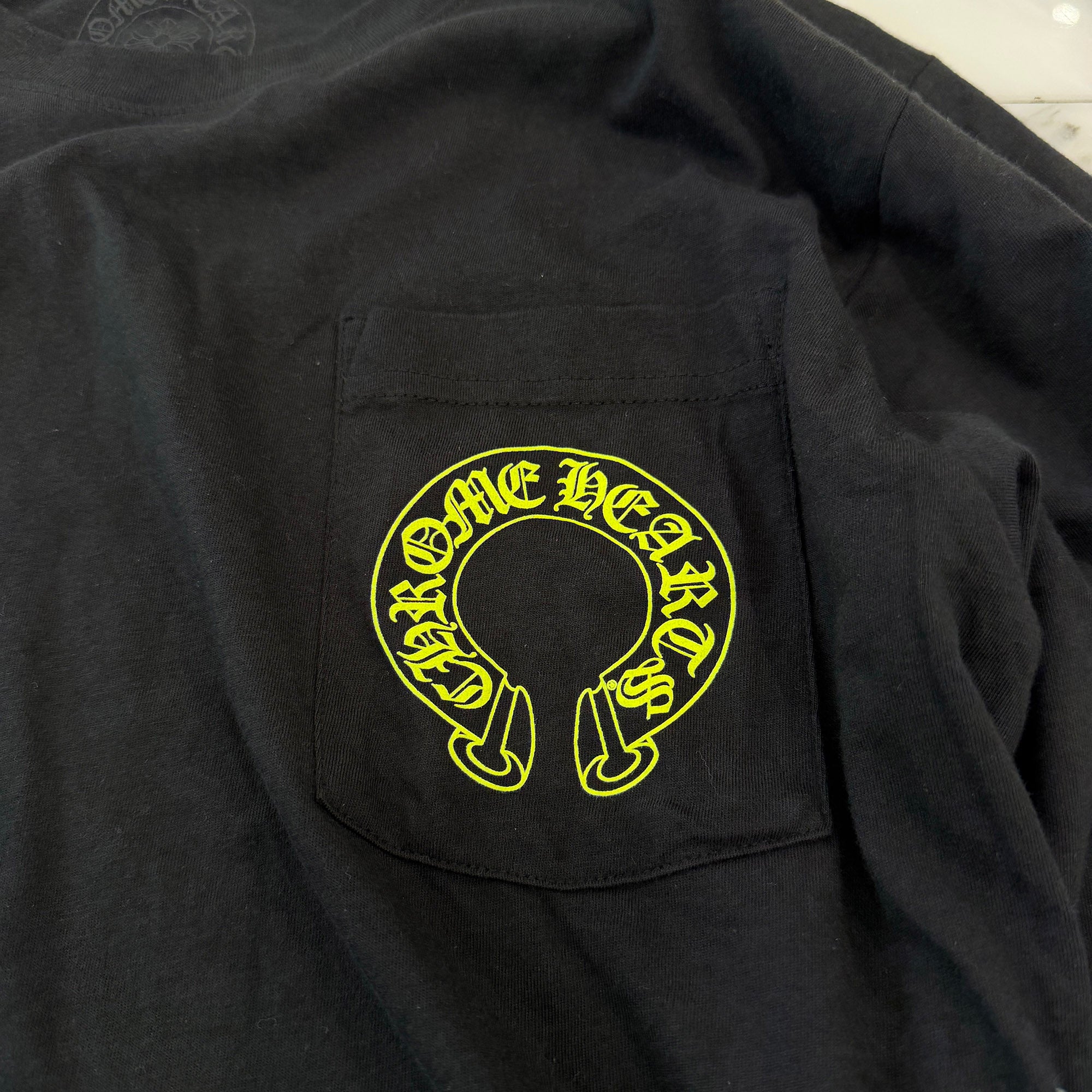 CHROME HEARTS Neon Yellow Floral Cross Horseshoe Long Sleeve Tee Size M クロムハーツ ネオンイエロー フローラルクロス ホースシュー ロングスリーブ Tシャツ サイズM