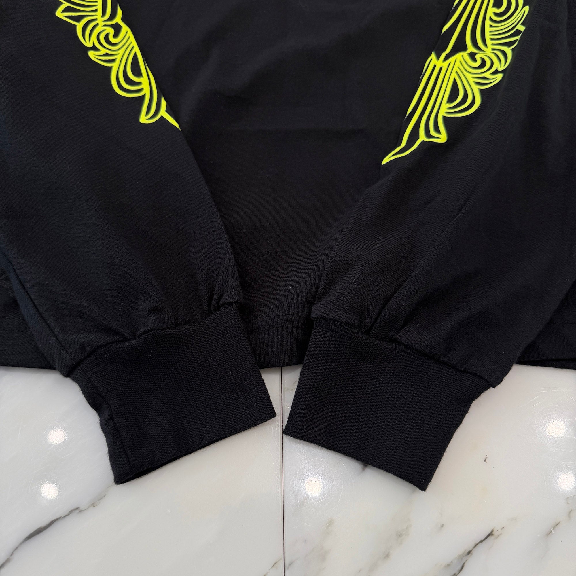 CHROME HEARTS Neon Yellow Floral Cross Horseshoe Long Sleeve Tee Size M クロムハーツ ネオンイエロー フローラルクロス ホースシュー ロングスリーブ Tシャツ サイズM