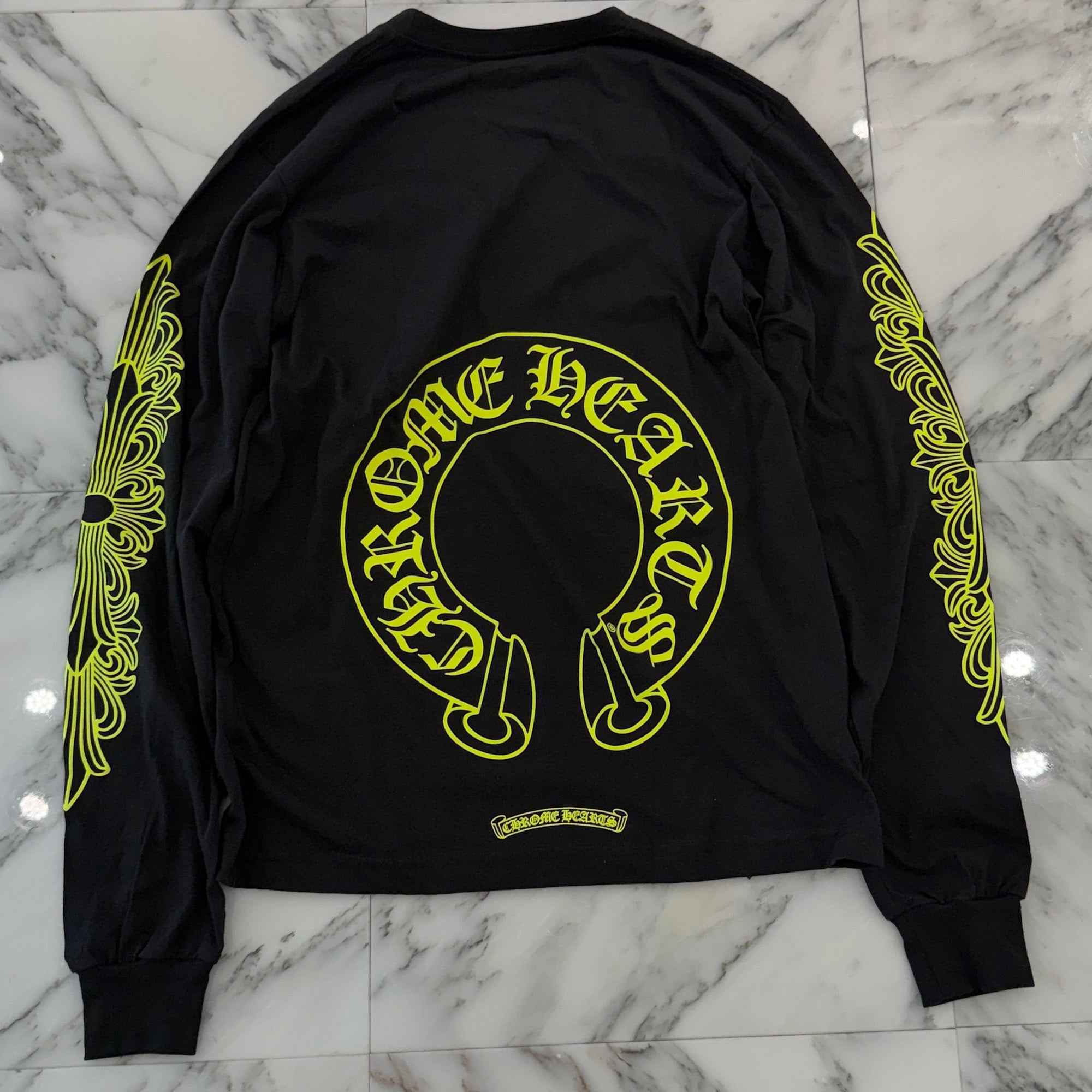 CHROME HEARTS Neon Yellow Floral Cross Horseshoe Long Sleeve Tee Size M クロムハーツ ネオンイエロー フローラルクロス ホースシュー ロングスリーブ Tシャツ サイズM