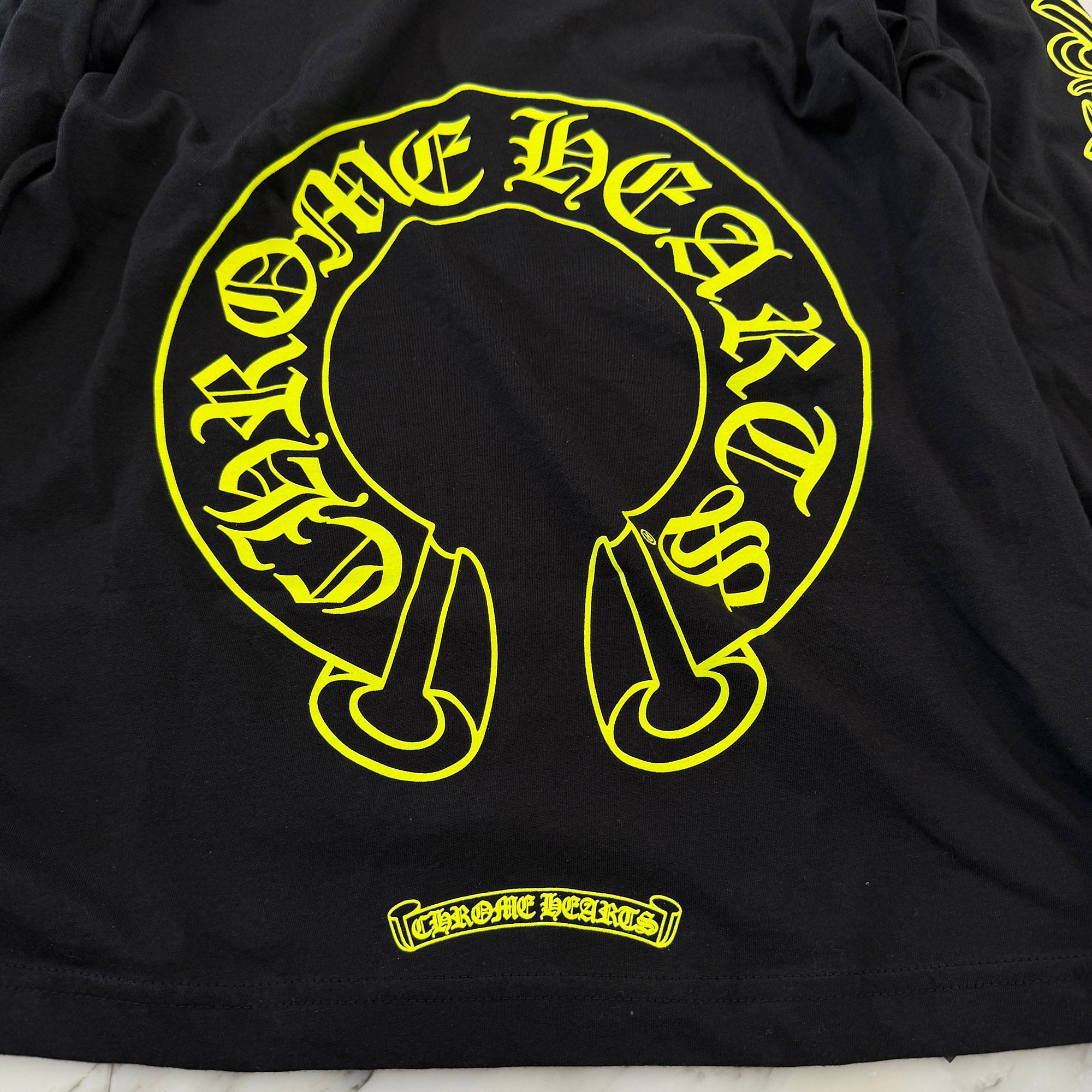 CHROME HEARTS Neon Yellow Floral Cross Horseshoe Long Sleeve Tee Size M クロムハーツ ネオンイエロー フローラルクロス ホースシュー ロングスリーブ Tシャツ サイズM
