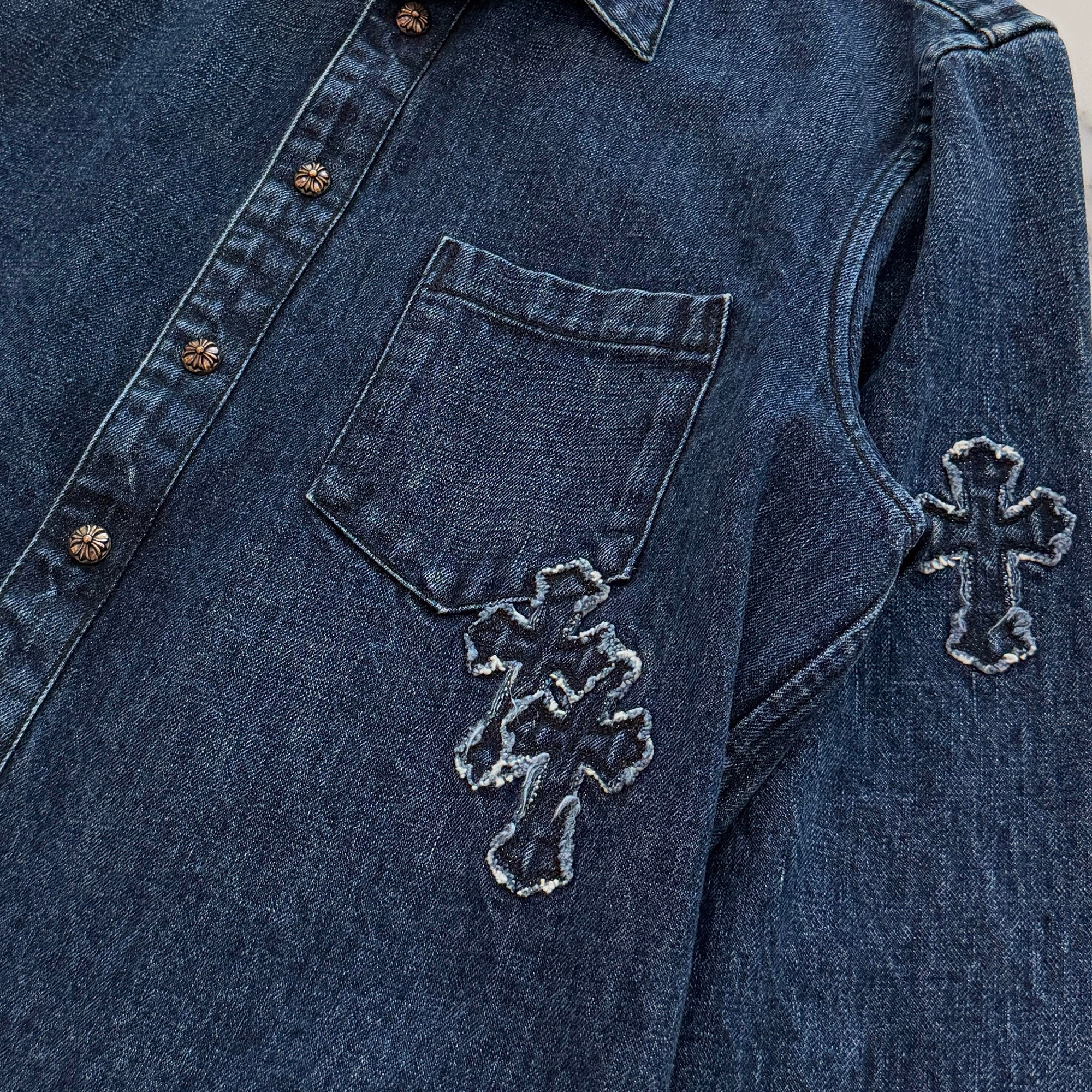 CHROME HEARTS YNOT Denim Cross Patch Shirt Jacket Size L クロムハーツ ワイノット デニムクロスパッチ シャツジャケット サイズL