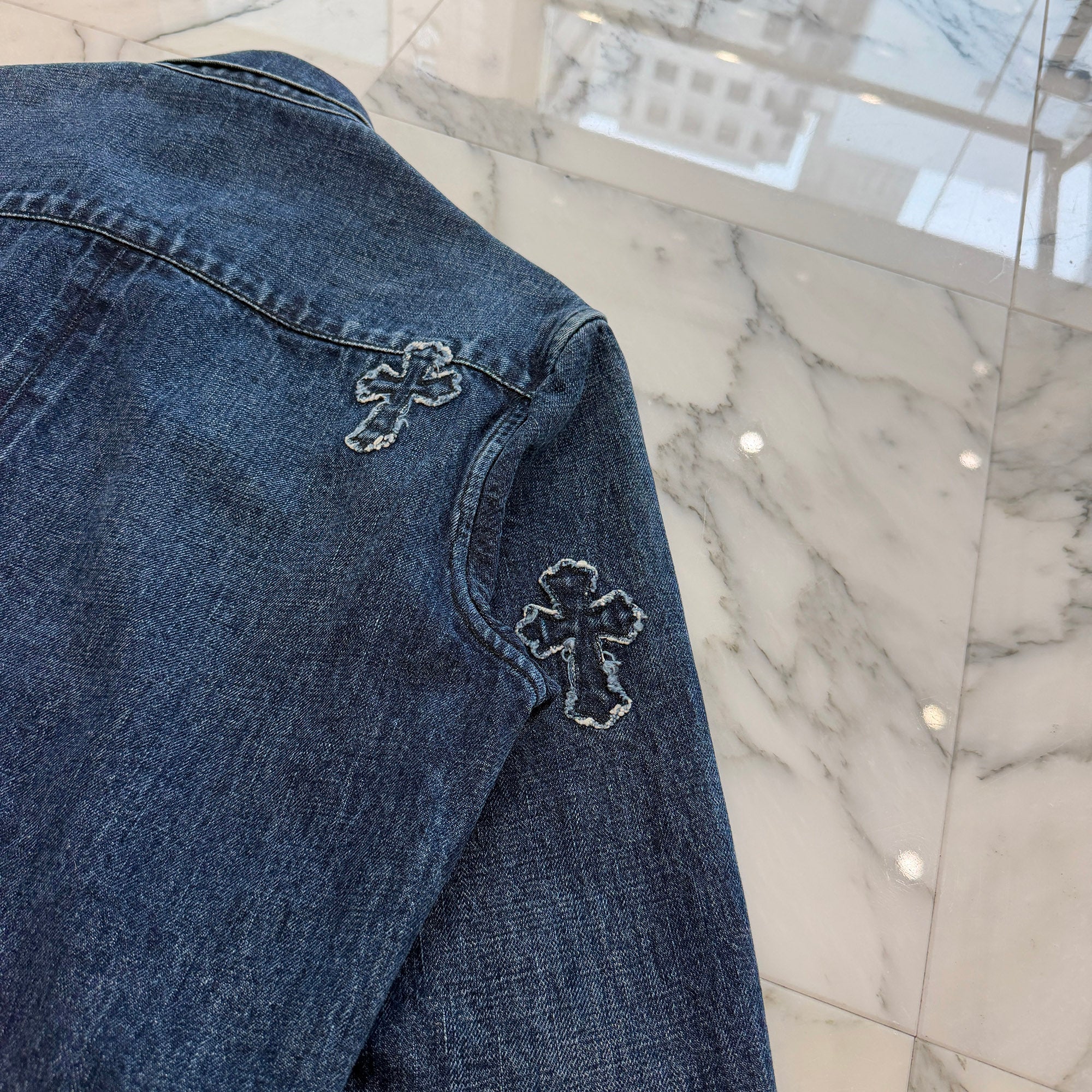 CHROME HEARTS YNOT Denim Cross Patch Shirt Jacket Size L クロムハーツ ワイノット デニムクロスパッチ シャツジャケット サイズL