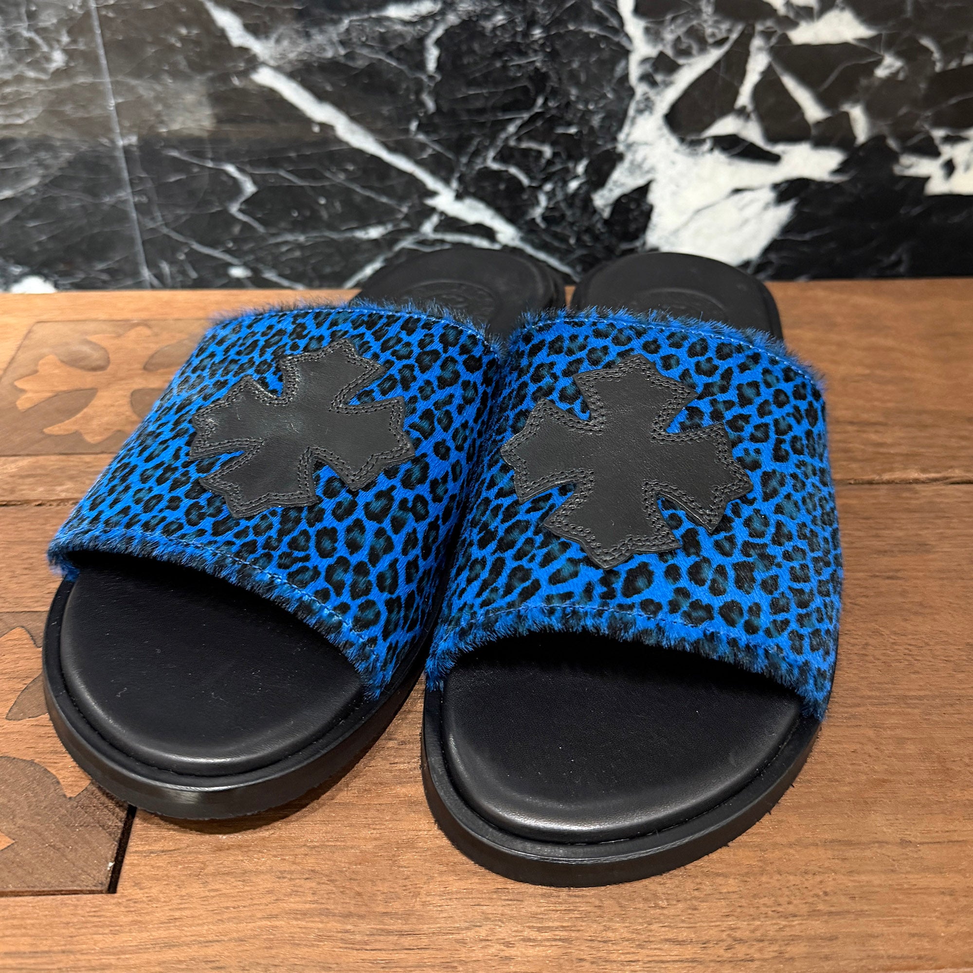 CHROME HEARTS Leather Cross Patch Harako Leather Flat Sandals Size 41 クロムハーツ レザークロスパッチ ハラコレザーフラットサンダル サイズ41