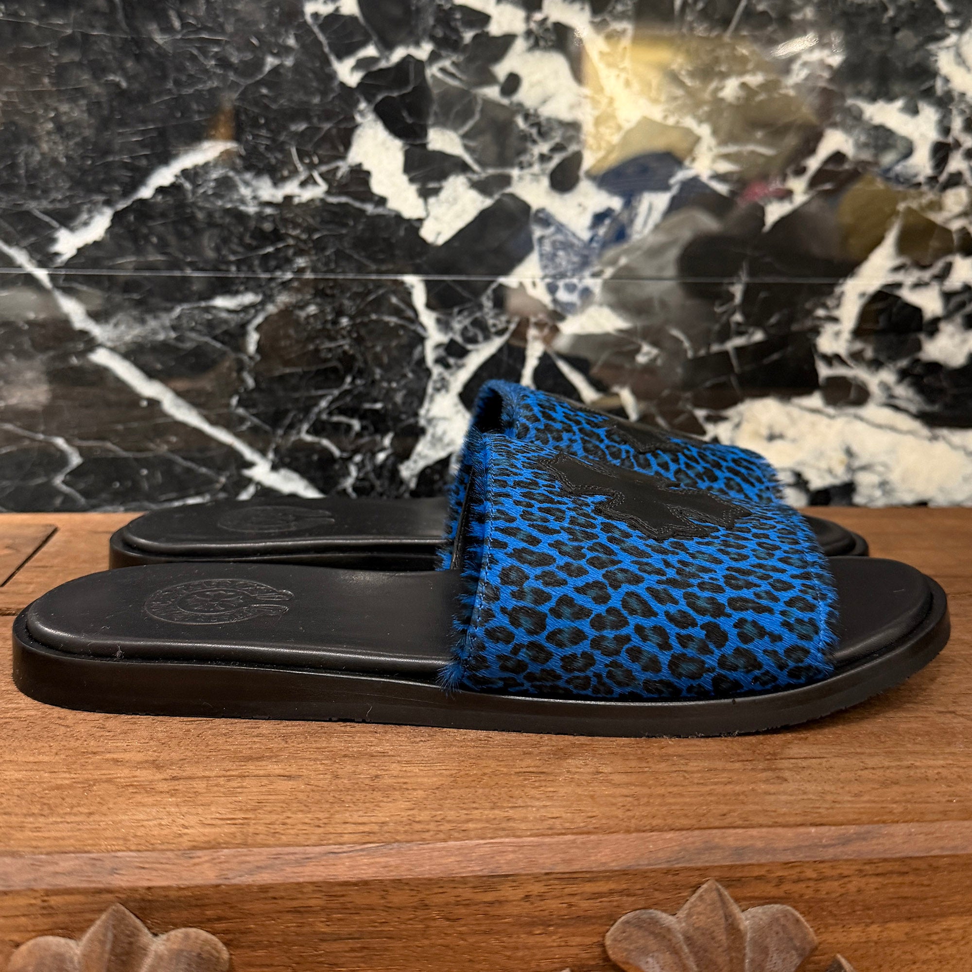CHROME HEARTS Leather Cross Patch Harako Leather Flat Sandals Size