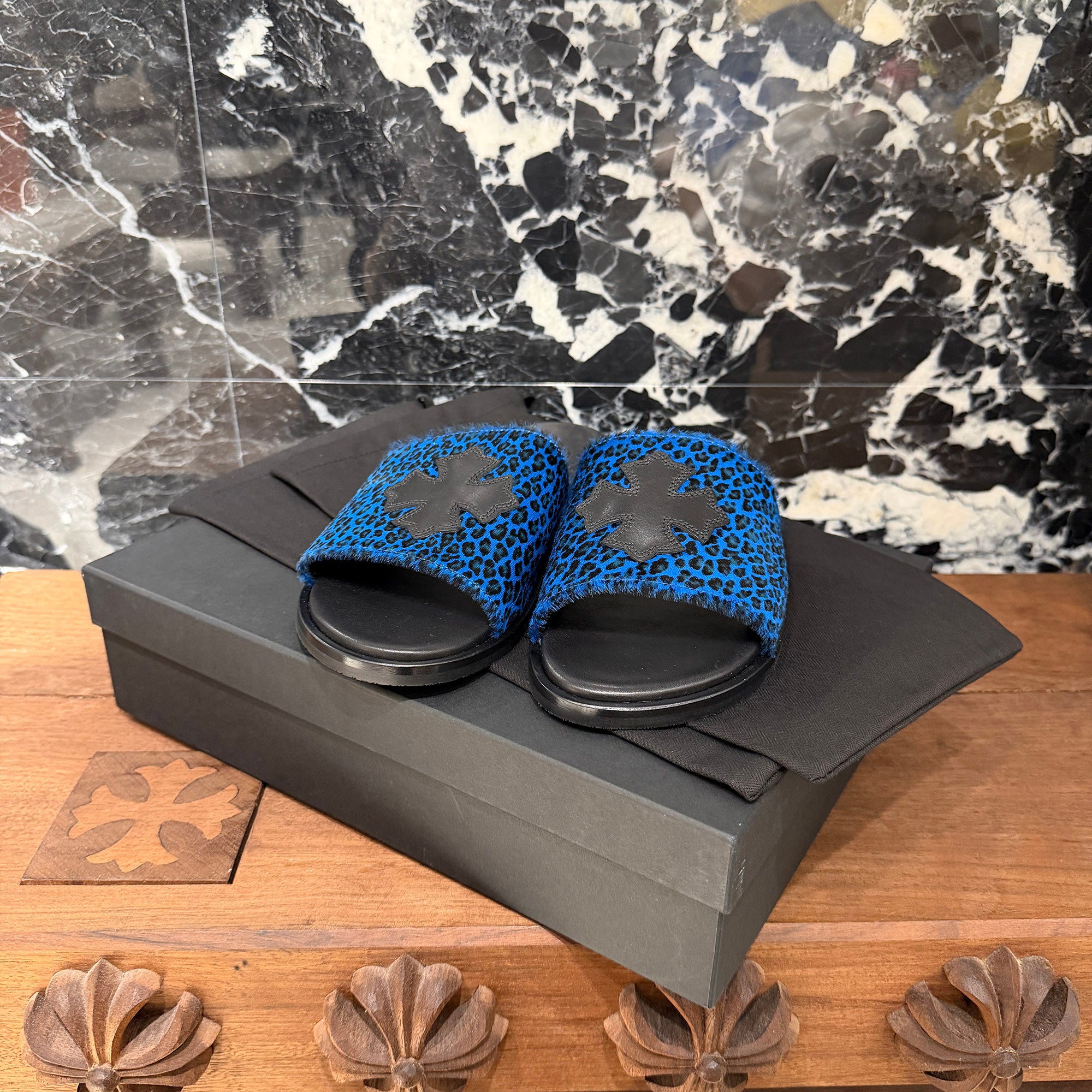 CHROME HEARTS Leather Cross Patch Harako Leather Flat Sandals Size 41 クロムハーツ レザークロスパッチ ハラコレザーフラットサンダル サイズ41