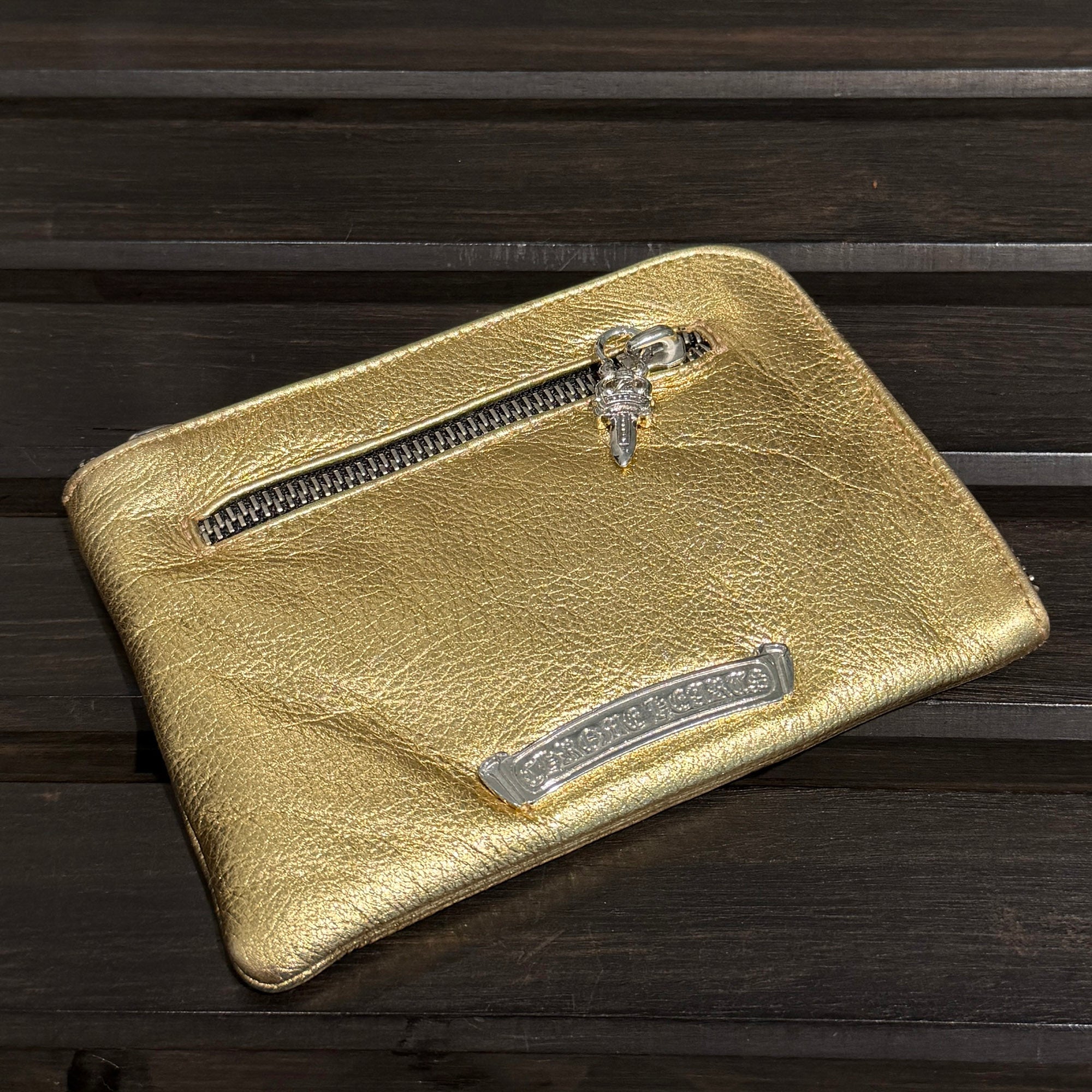 CHROME HEARTS Metallic Gold Leather Zippered Coin Purse クロムハーツ メタリック ゴールドレザー ジッパー コインパース
