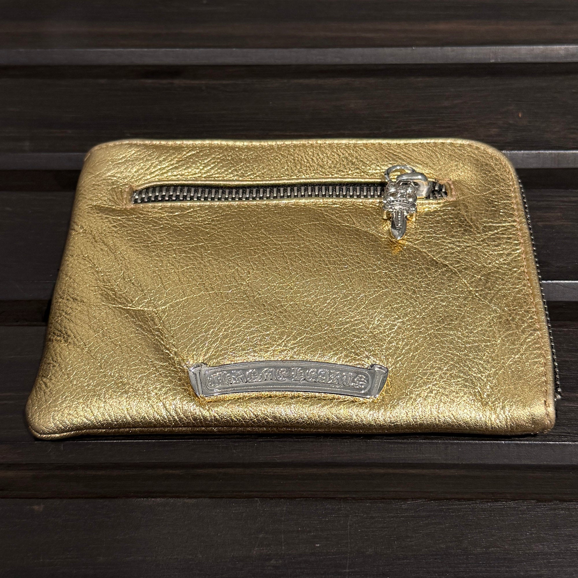 CHROME HEARTS Metallic Gold Leather Zippered Coin Purse クロムハーツ メタリック ゴールドレザー ジッパー コインパース
