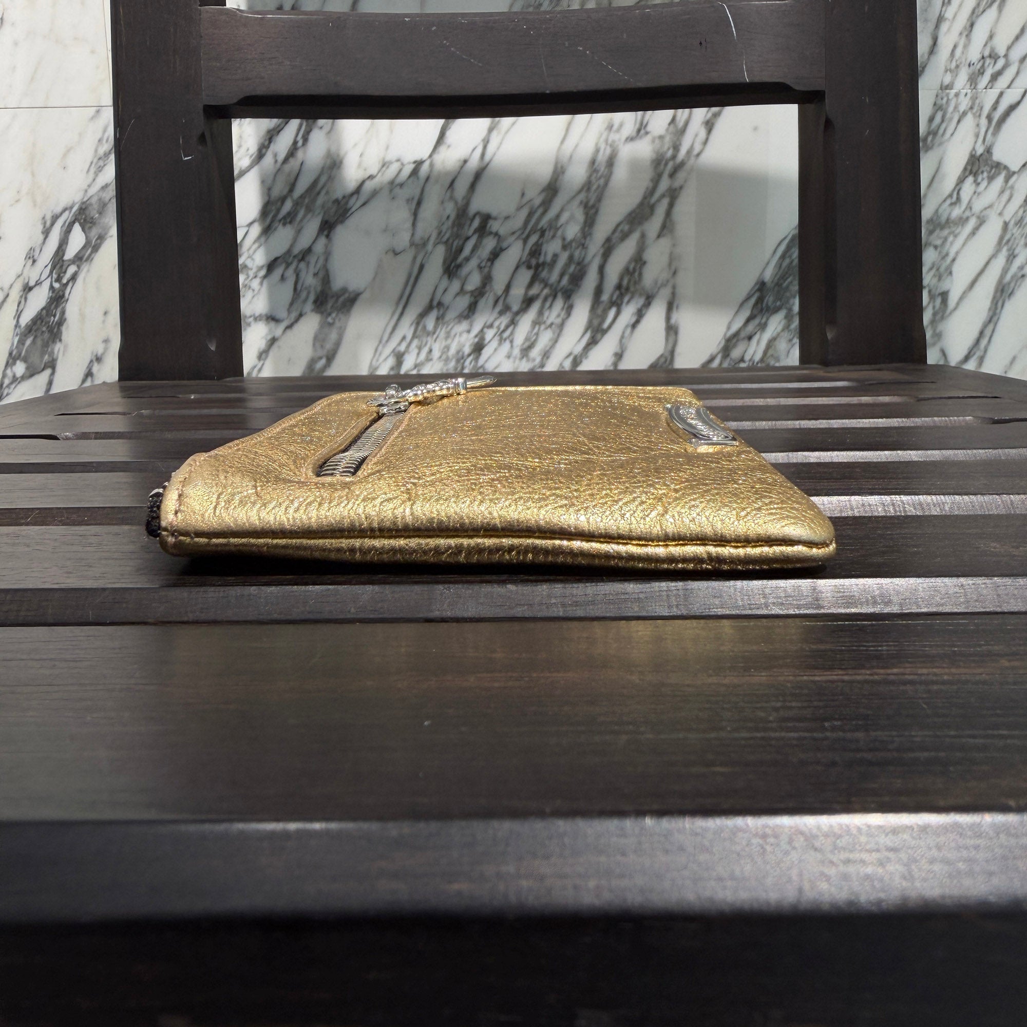 CHROME HEARTS Metallic Gold Leather Zippered Coin Purse クロムハーツ メタリック ゴールドレザー ジッパー コインパース