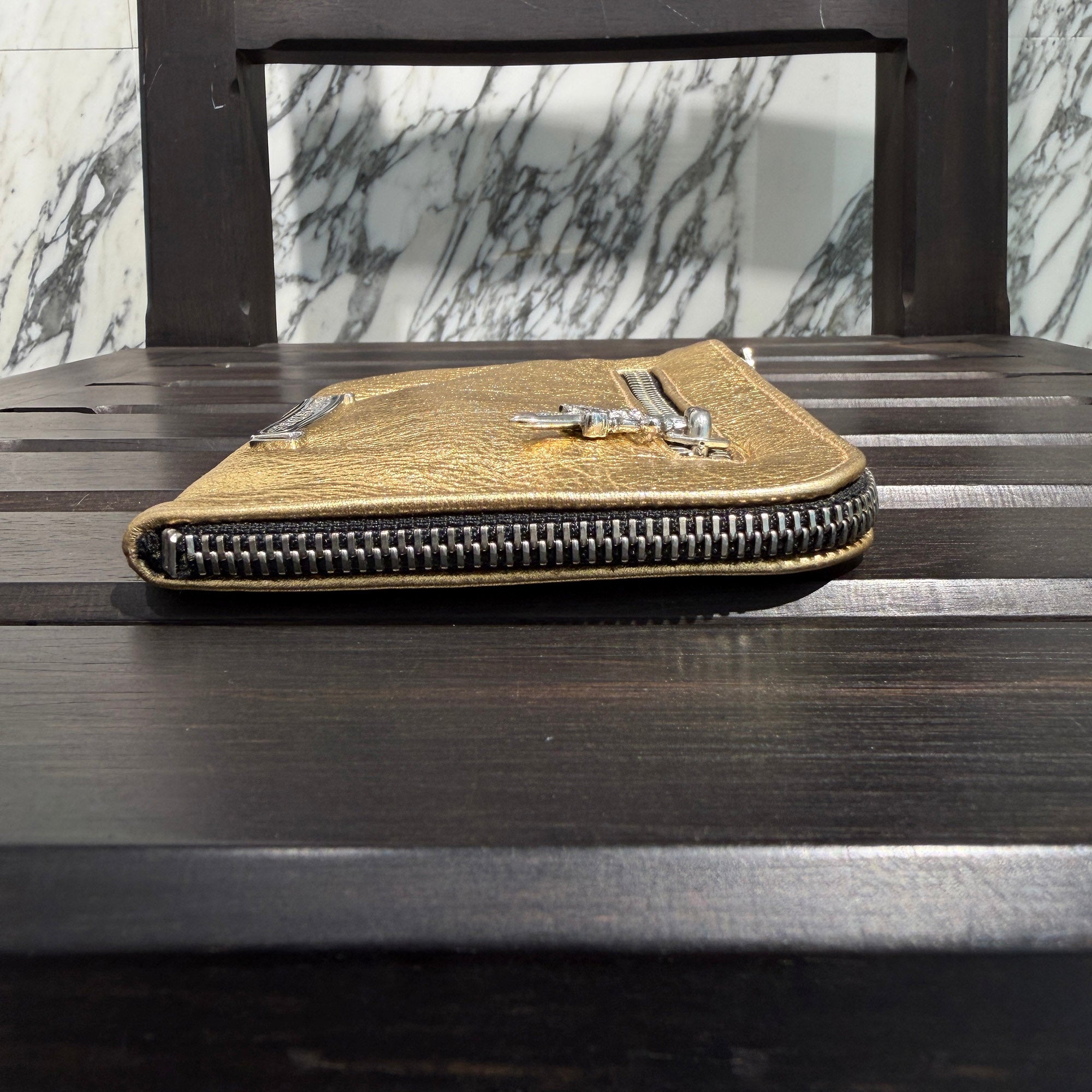 CHROME HEARTS Metallic Gold Leather Zippered Coin Purse クロムハーツ メタリック ゴールドレザー ジッパー コインパース